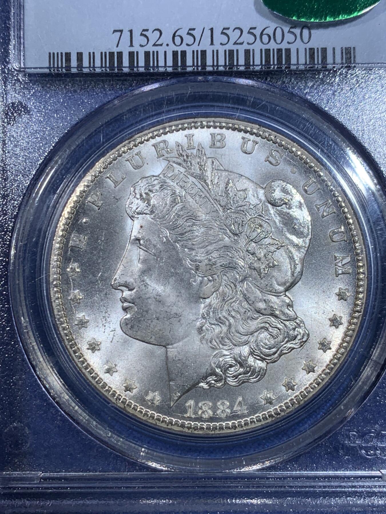 《竞宝斋》第296场- 周日，周一  2场连拍 （全场包邮） PCGS MS65 美国1884年CC版摩根 CAC绿标 老盒 稀少版别 高分 非常难得