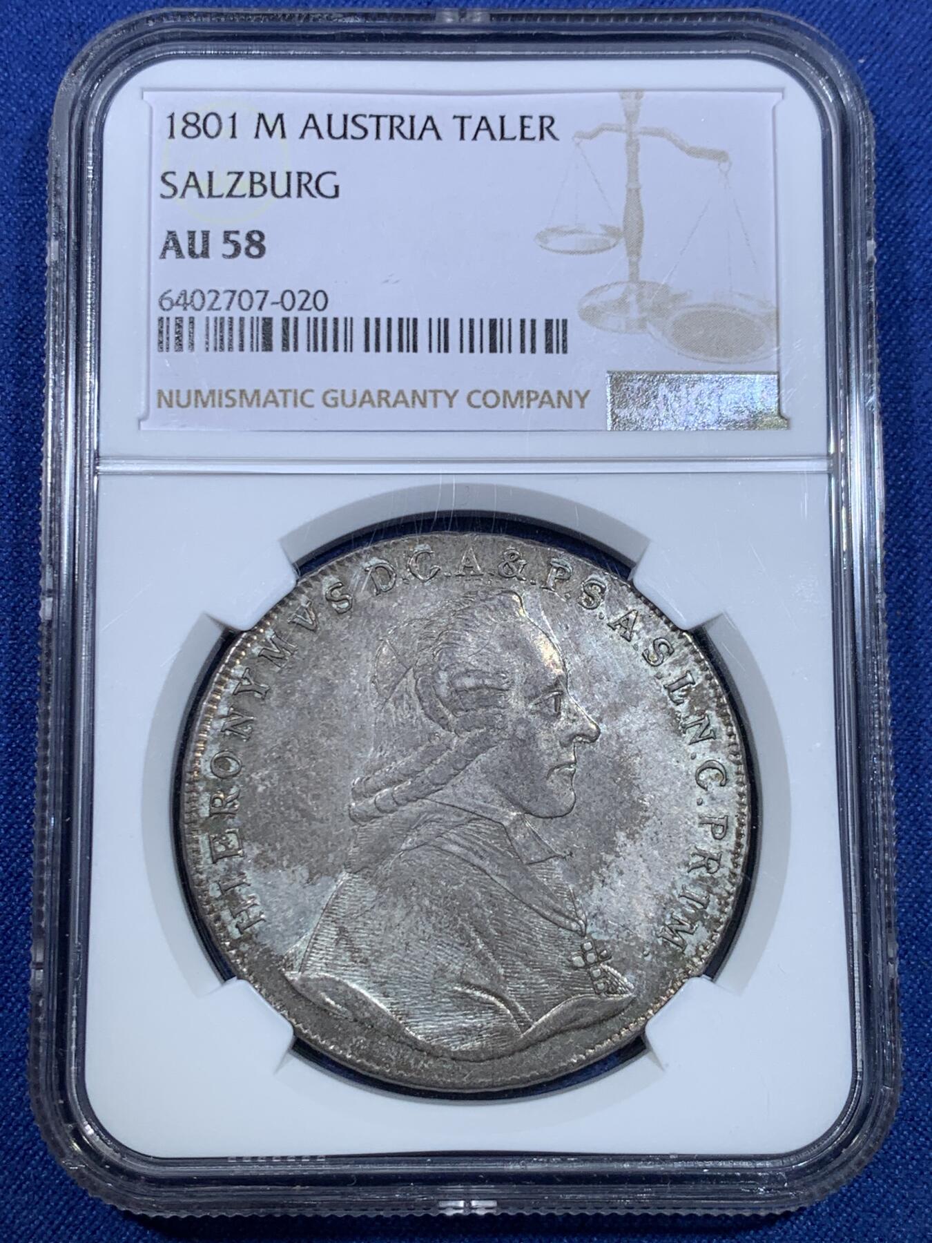 《竞宝斋》第296场- 周日，周一  2场连拍 （全场包邮） NGC AU58 奥地利 1801 萨尔茨堡 泰勒大银币 底板包浆都非常好 背部打制精美 昆克4200来的裸币