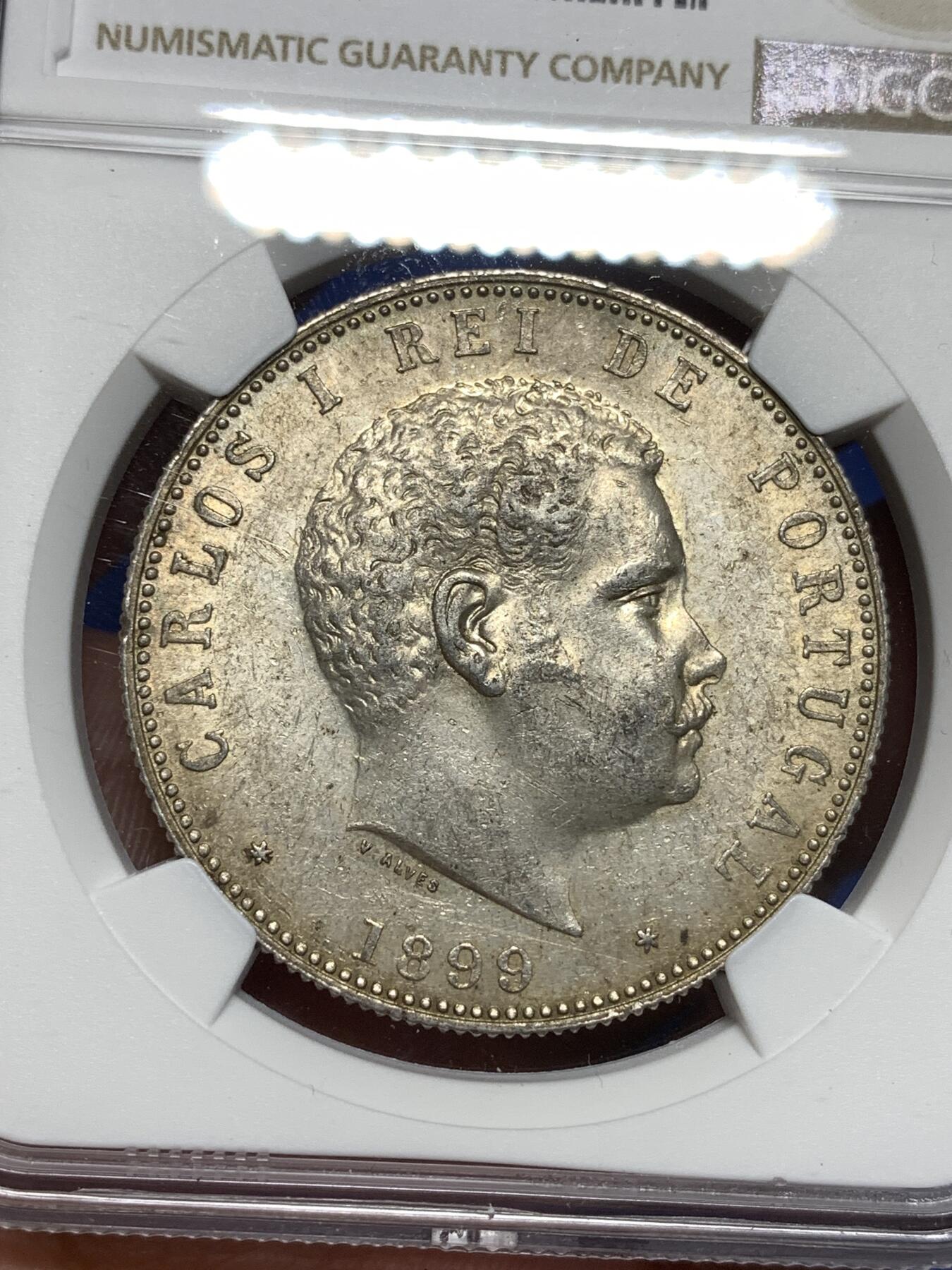 《竞宝斋》第296场- 周日，周一  2场连拍 （全场包邮） NGC AU58 葡萄牙1899年卡洛斯一世头像1000瑞斯大银币
