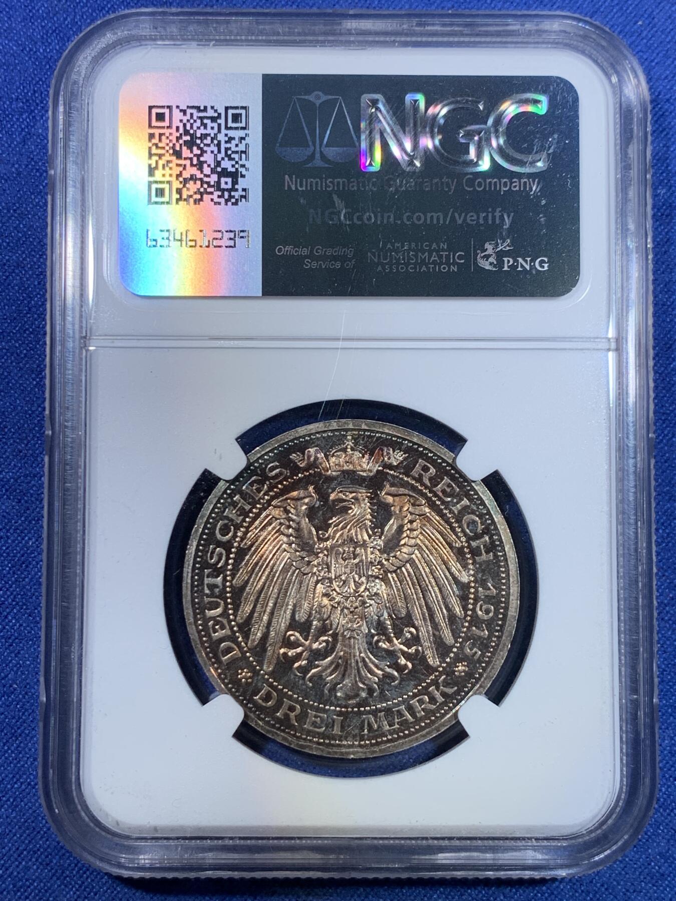 《竞宝斋》第296场- 周日，周一  2场连拍 （全场包邮） NGC PF66 德国梅克伦堡-什末林大公国 1915年精制币3马克 高端马克品种