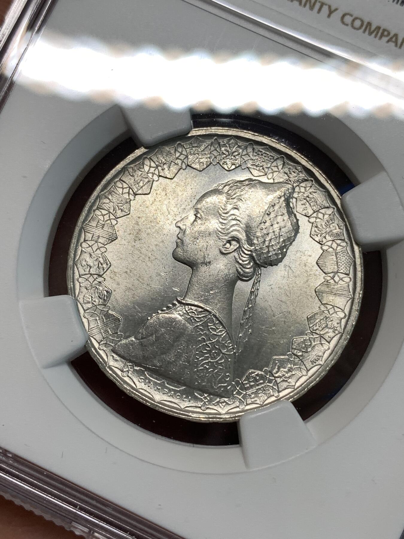 《竞宝斋》第296场- 周日，周一  2场连拍 （全场包邮） NGC MS62 原光意大利1964年帆船女神500里拉银币 设计精美 低评了