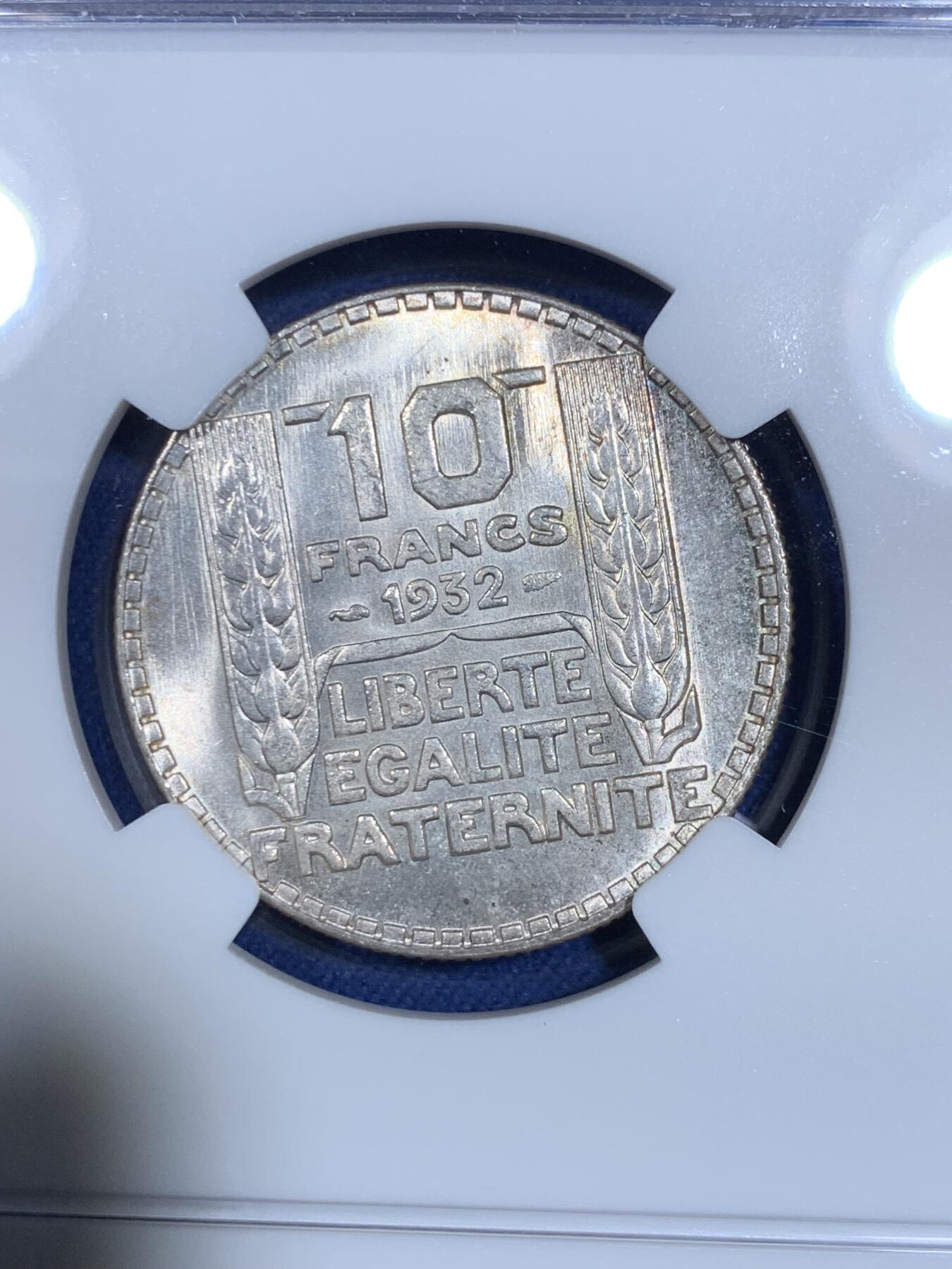 《竞宝斋》第296场- 周日，周一  2场连拍 （全场包邮） NGC MS65 法国1932年谷物女神10法郎银币