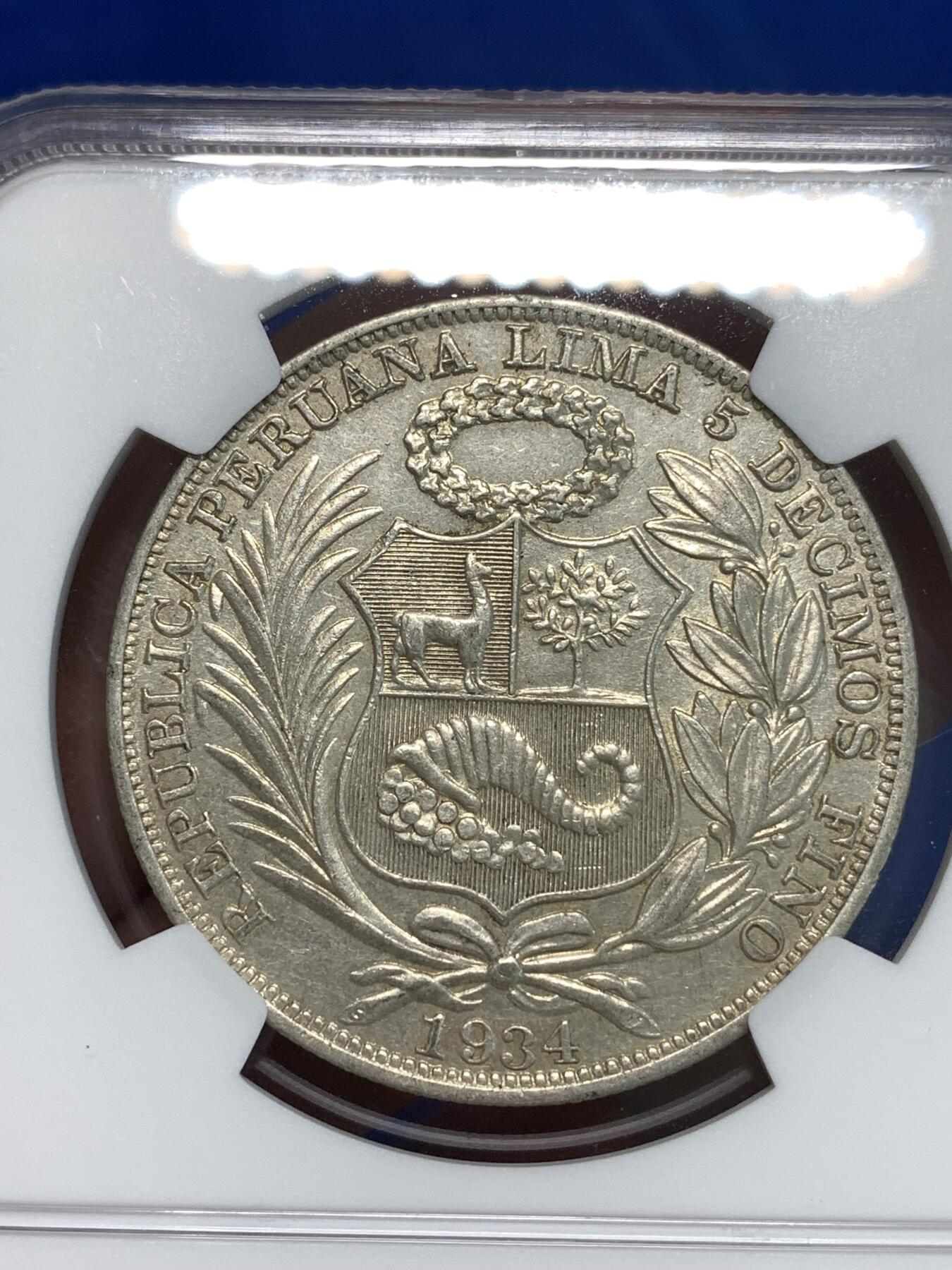 《竞宝斋》第296场- 周日，周一  2场连拍 （全场包邮） NGC AU58 秘鲁1934年女神1索尔大银币