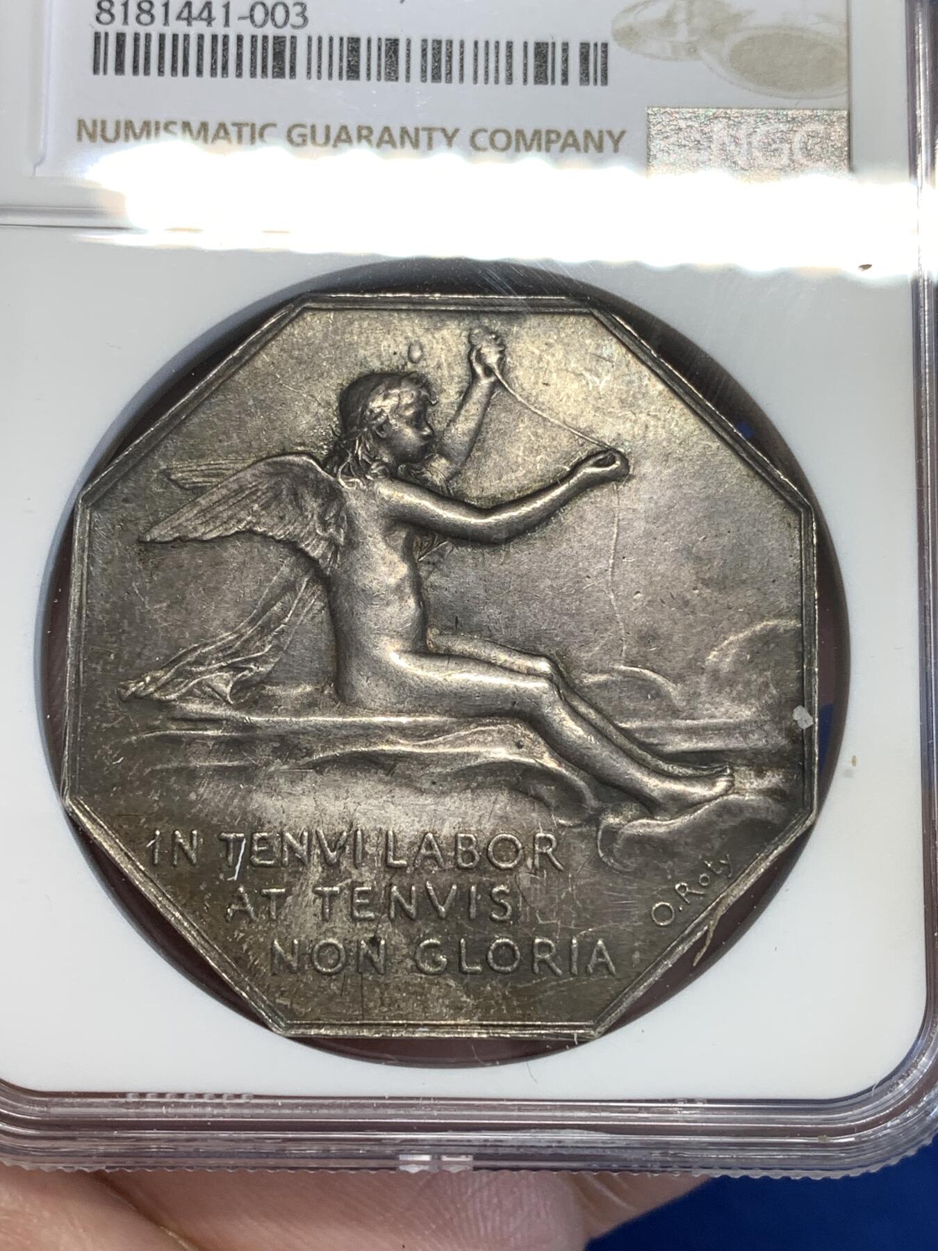 《竞宝斋》第296场- 周日，周一  2场连拍 （全场包邮） NGC UNC 法国里昂商会八角银质代币 大款 罗蒂经典天使图案