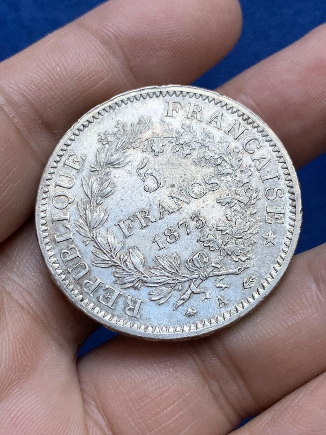 《竞宝斋》第296场- 周日，周一  2场连拍 （全场包邮） 1873年法国大力神5法郎银币 牛皮纸保养金色包浆