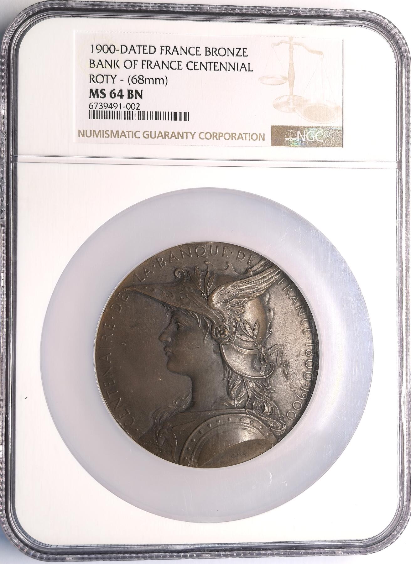 凡希社世界钱币微拍第二百八十期 1900法兰西银行成立百年纪念大铜章NGC-MS64，浅浮雕，Roty名家作品，气韵典雅的一枚原铸好章！