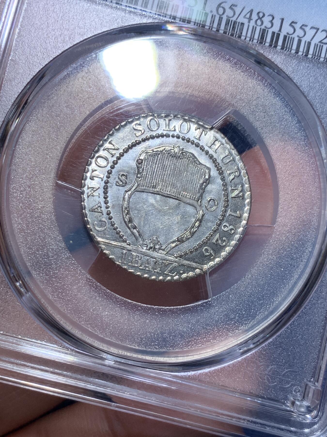 《竞宝斋》第296场- 周日，周一  2场连拍 （全场包邮） PCGS MS65 瑞士索洛图恩 1826年 1巴增银币 亚军分 近200年历史的小辅币 镜面感很足 很漂亮