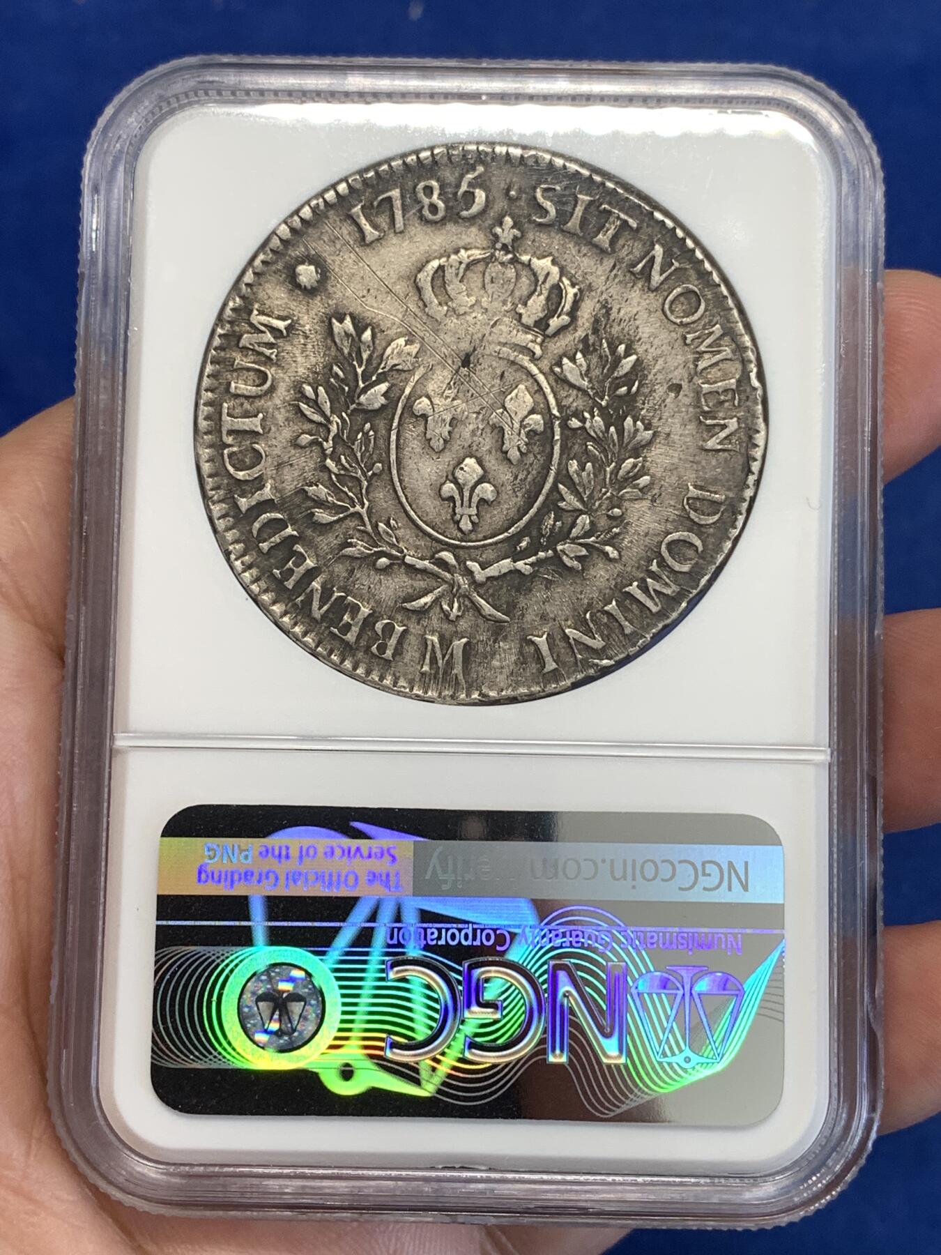 《竞宝斋》第296场- 周日，周一  2场连拍 （全场包邮） NGC XFD 法国1785-M年图卢兹 路易十六 老埃居 银币 无明显减重痕适合收藏 一流味道