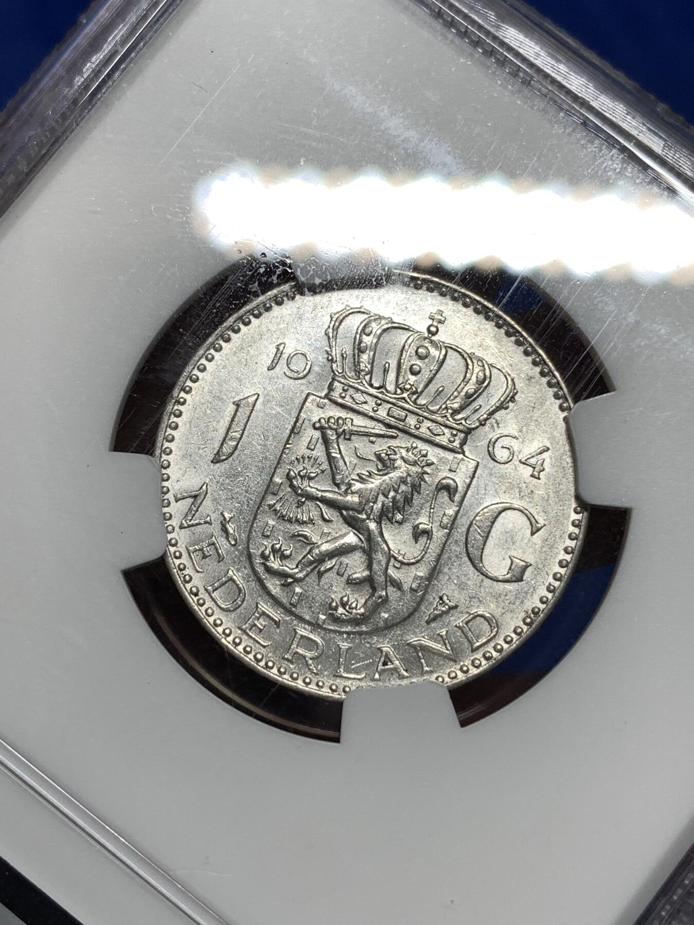 《竞宝斋》第296场- 周日，周一  2场连拍 （全场包邮） NGC AU55 荷兰 1964年 朱丽安娜1G银币