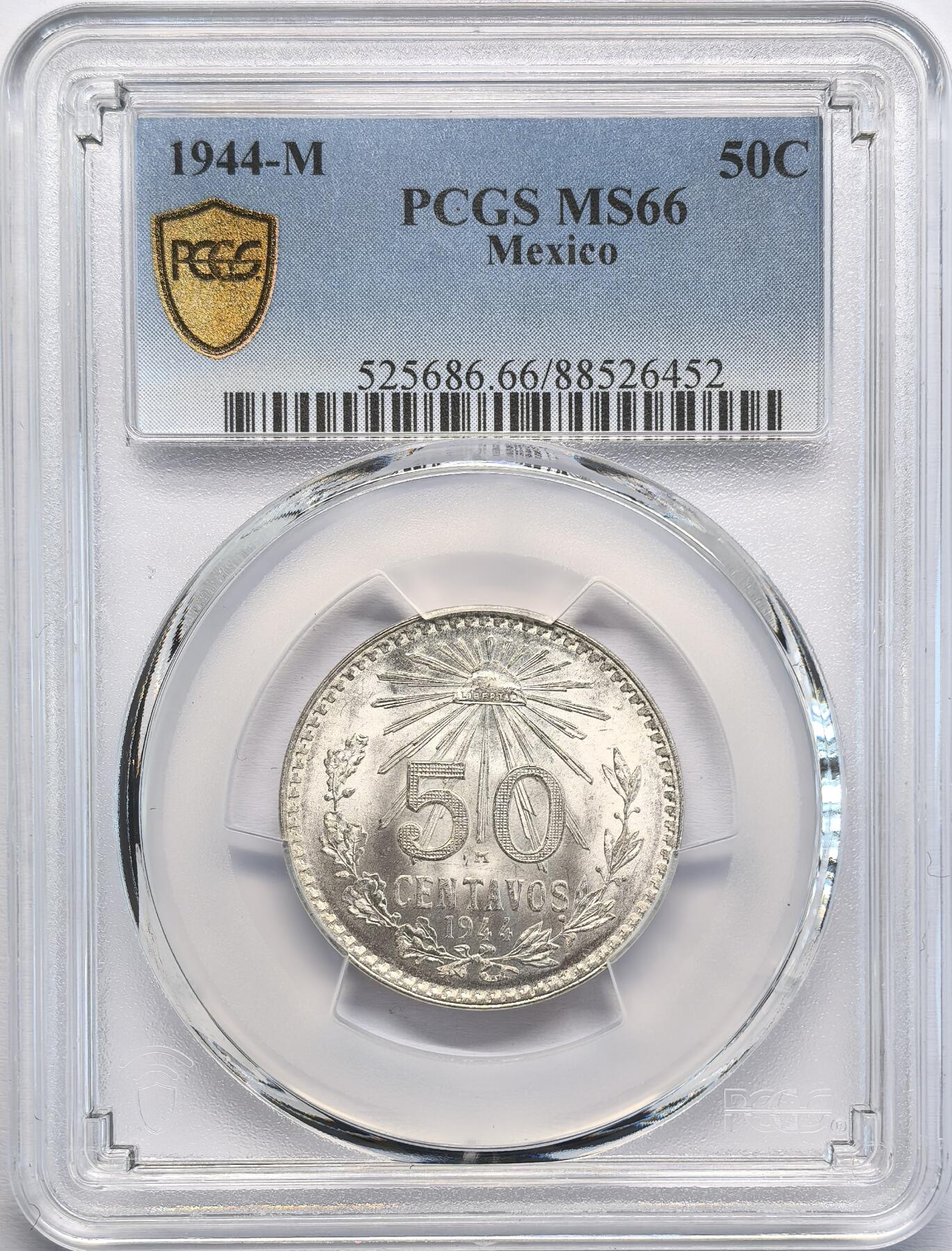 凡希社世界钱币微拍第二百八十期 1944M墨西哥射线自由帽50分银币PCGS-MS66