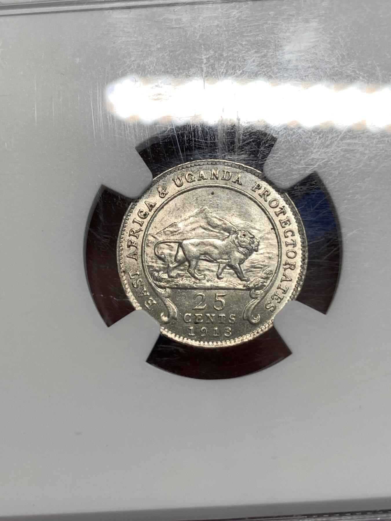 《竞宝斋》第296场- 周日，周一  2场连拍 （全场包邮） NGC MS61 东非保护地1913年25分