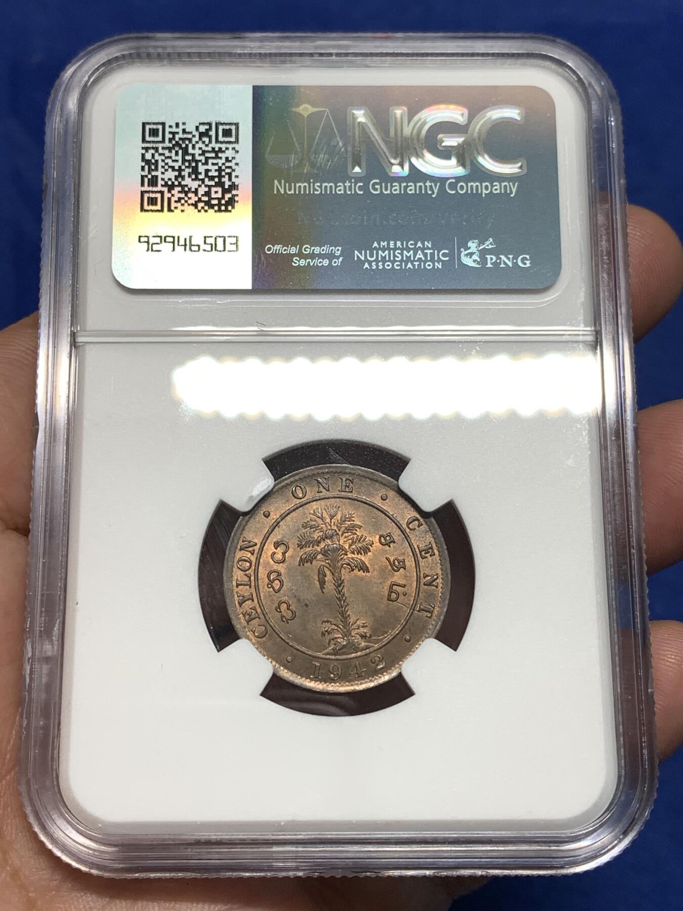 《竞宝斋》第296场- 周日，周一  2场连拍 （全场包邮） NGC MS64BN 锡兰1942年乔治六世1分铜币 胸像前无PM版，少见版别，醇厚包浆