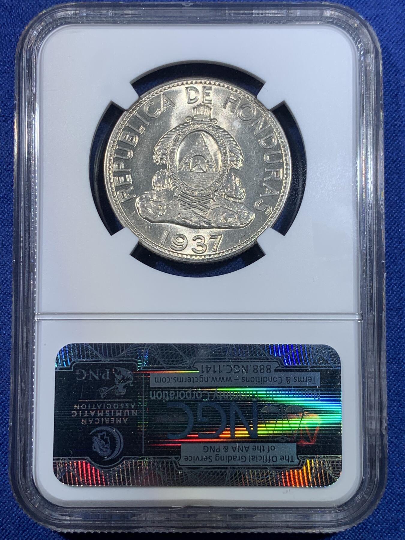 《竞宝斋》第296场- 周日，周一  2场连拍 （全场包邮） NGC MS62 洪都拉斯 1937年 1伦皮拉 银币 最大面值银币 少见品种 喜欢的不要错过了