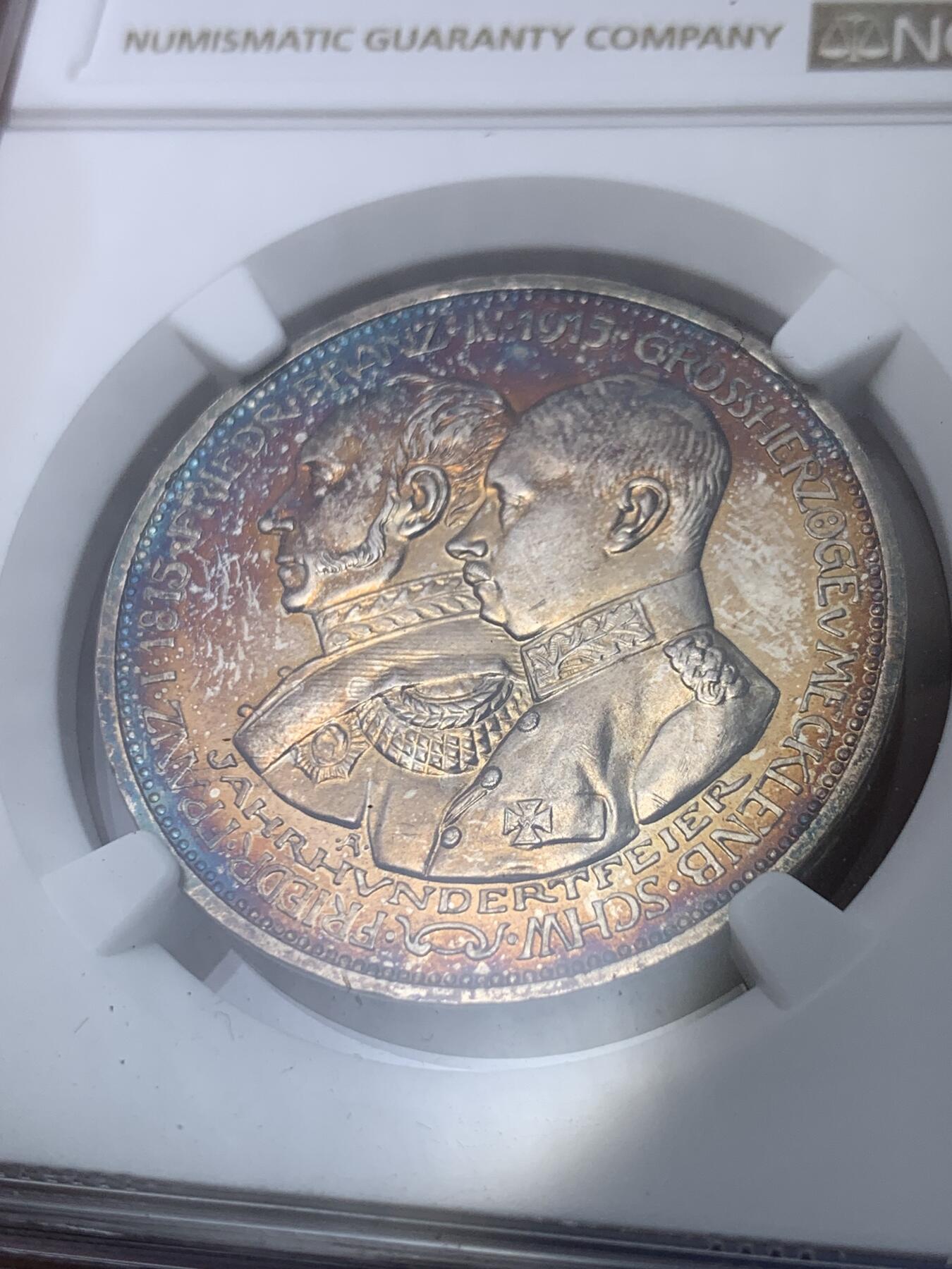 《竞宝斋》第296场- 周日，周一  2场连拍 （全场包邮） NGC PF66 德国梅克伦堡-什末林大公国 1915年精制币3马克 高端马克品种