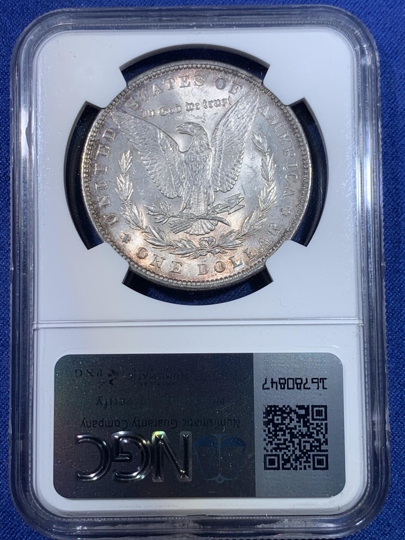 《竞宝斋》第296场- 周日，周一  2场连拍 （全场包邮） NGC MS63 美国1896年p版摩根银币 双面环彩 这枚的彩很漂亮