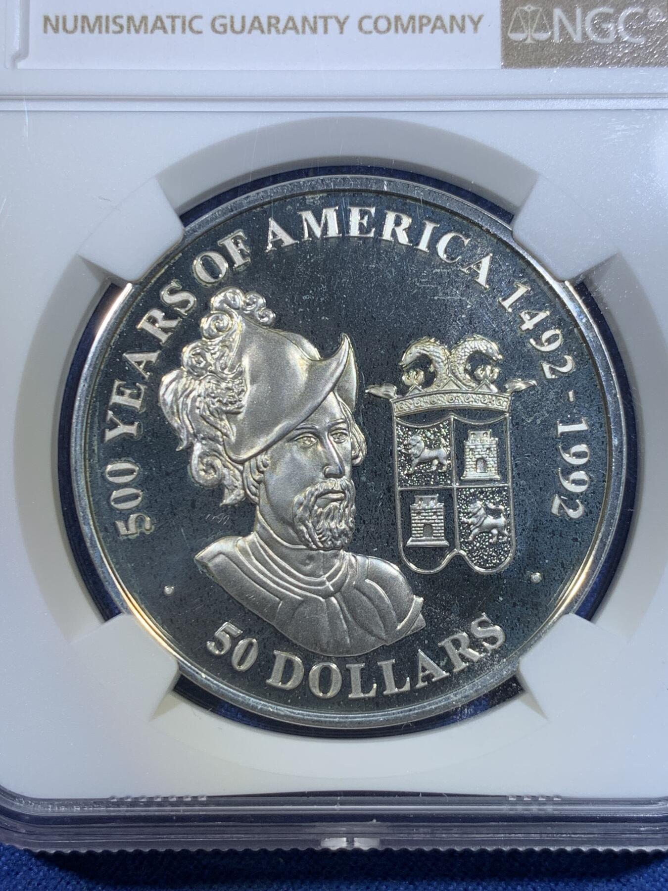 《竞宝斋》第296场- 周日，周一  2场连拍 （全场包邮） NGC PF65UC 库克群岛1991年发现美洲500周边系列弗朗西斯科·皮萨罗50美元精制纪念大银币