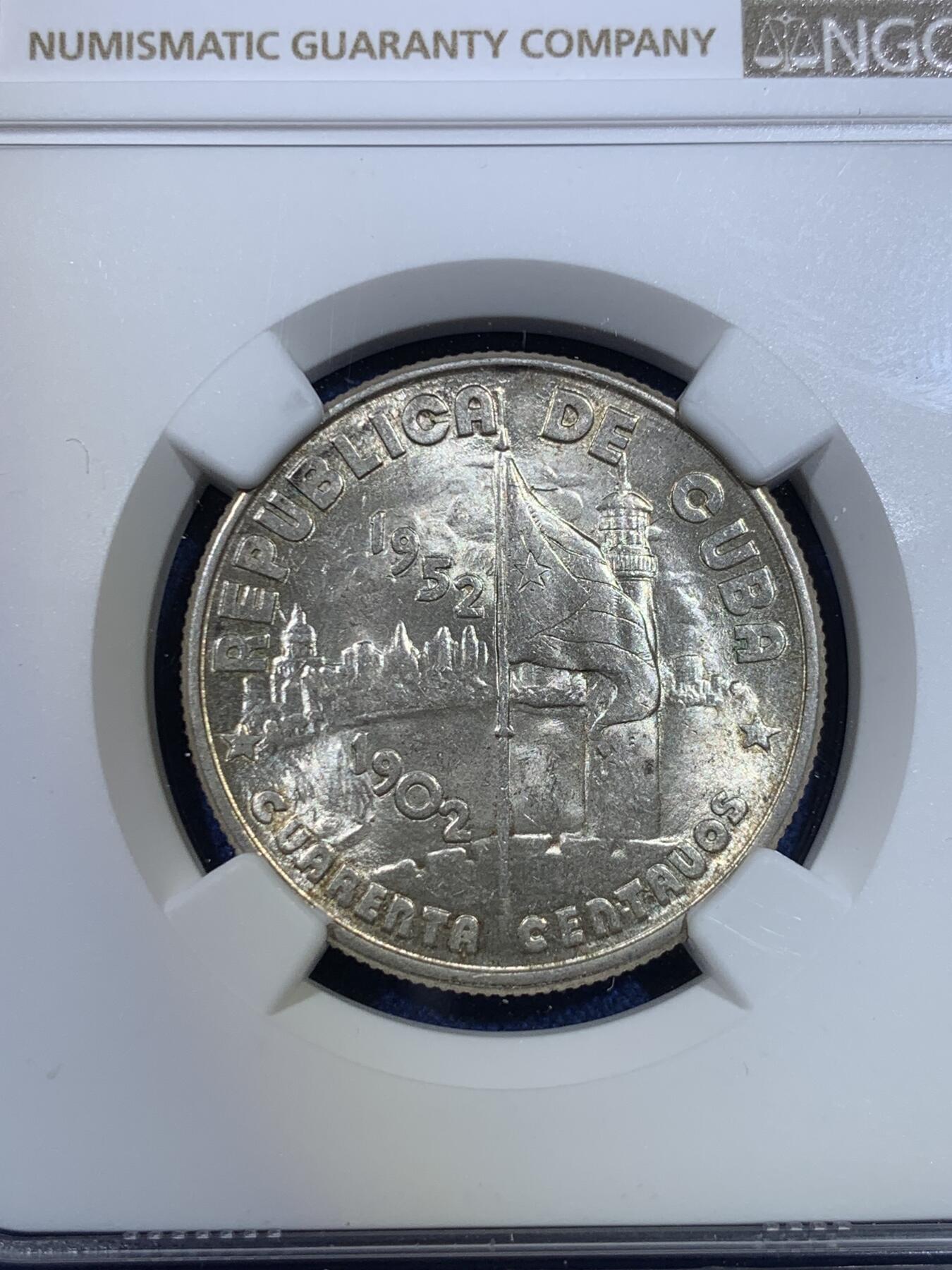 《竞宝斋》第296场- 周日，周一  2场连拍 （全场包邮） NGC MS64 古巴1952年40分银币高分稀少版