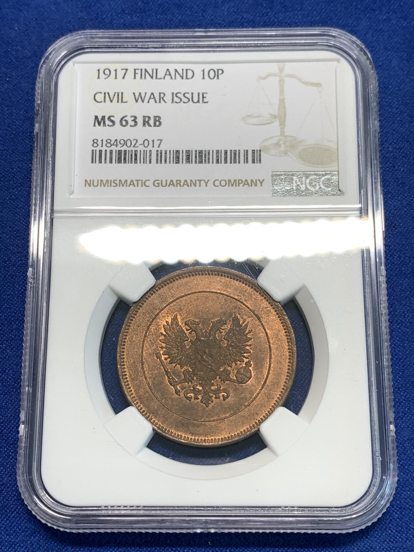 《竞宝斋》第296场- 周日，周一  2场连拍 （全场包邮） NGC MS63RB 俄占芬兰1917年克伦斯基临时政府无皇冠双头鹰10盆尼铜币