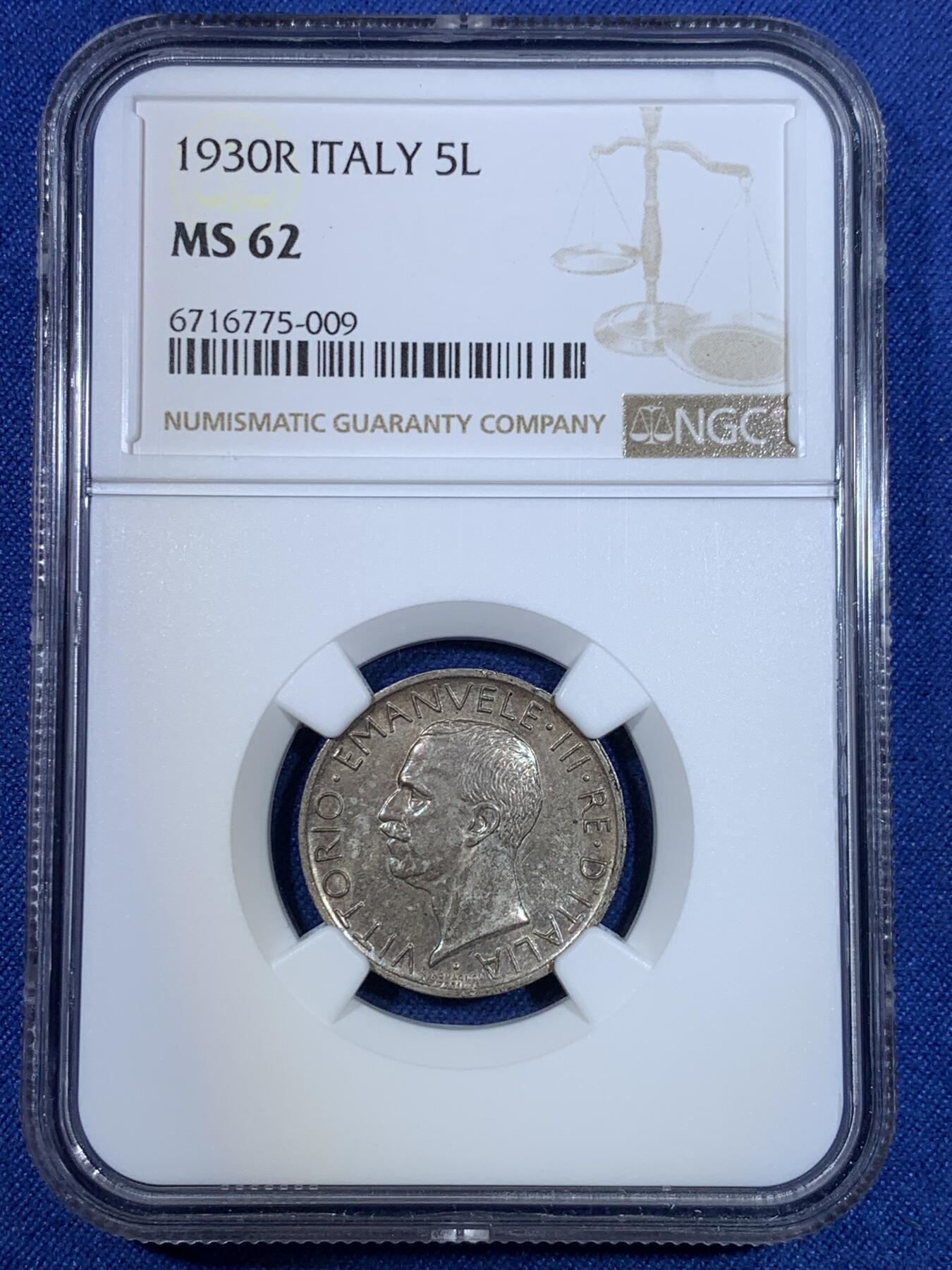 《竞宝斋》第296场- 周日，周一  2场连拍 （全场包邮） NGC MS62 意大利1930年R罗马厂5里拉银币 经典设计，打制深峻，靛蓝色彩包浆