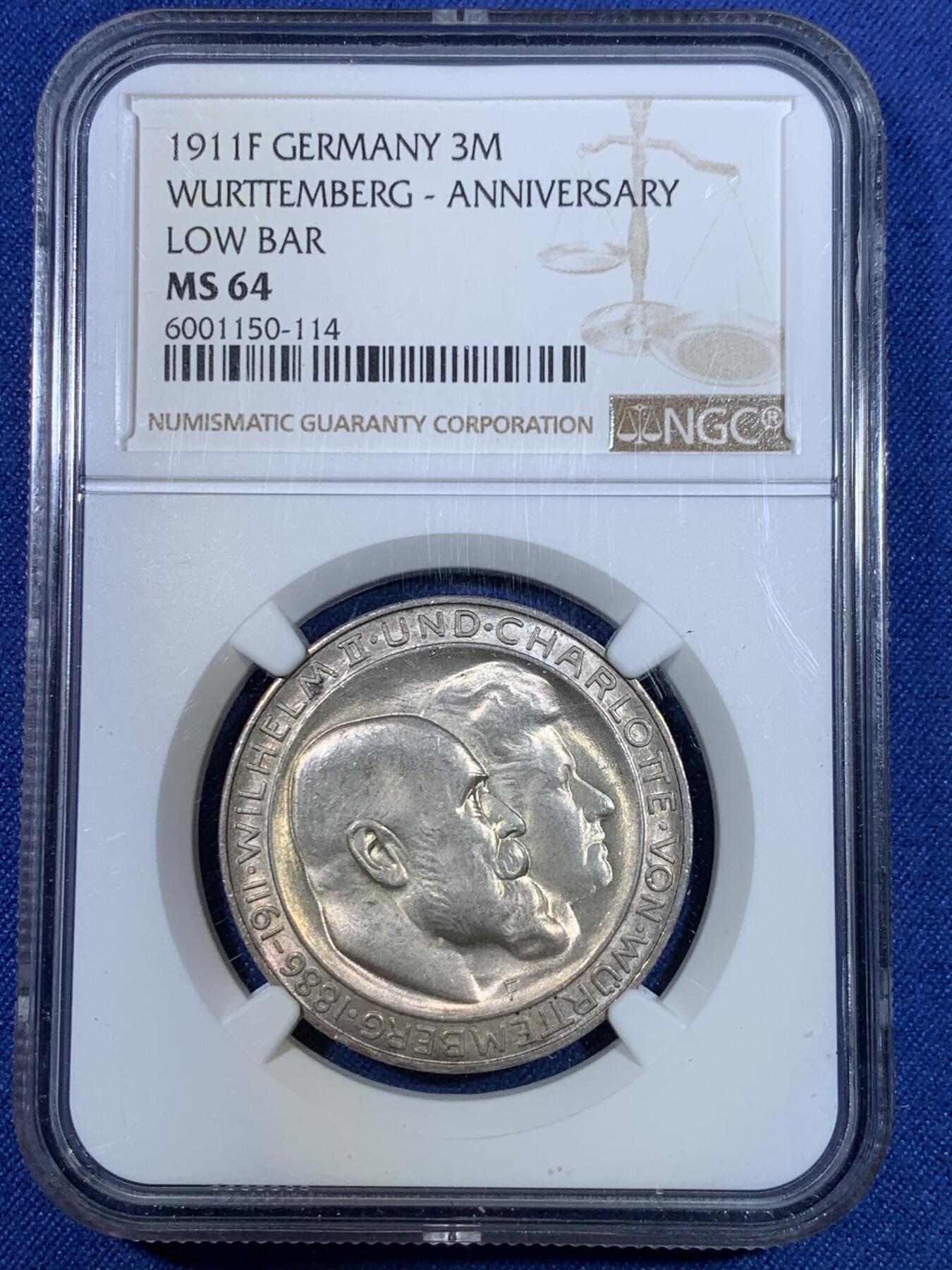 《竞宝斋》第296场- 周日，周一  2场连拍 （全场包邮） NGC MS64 德国1911年符滕堡金婚3马克银币