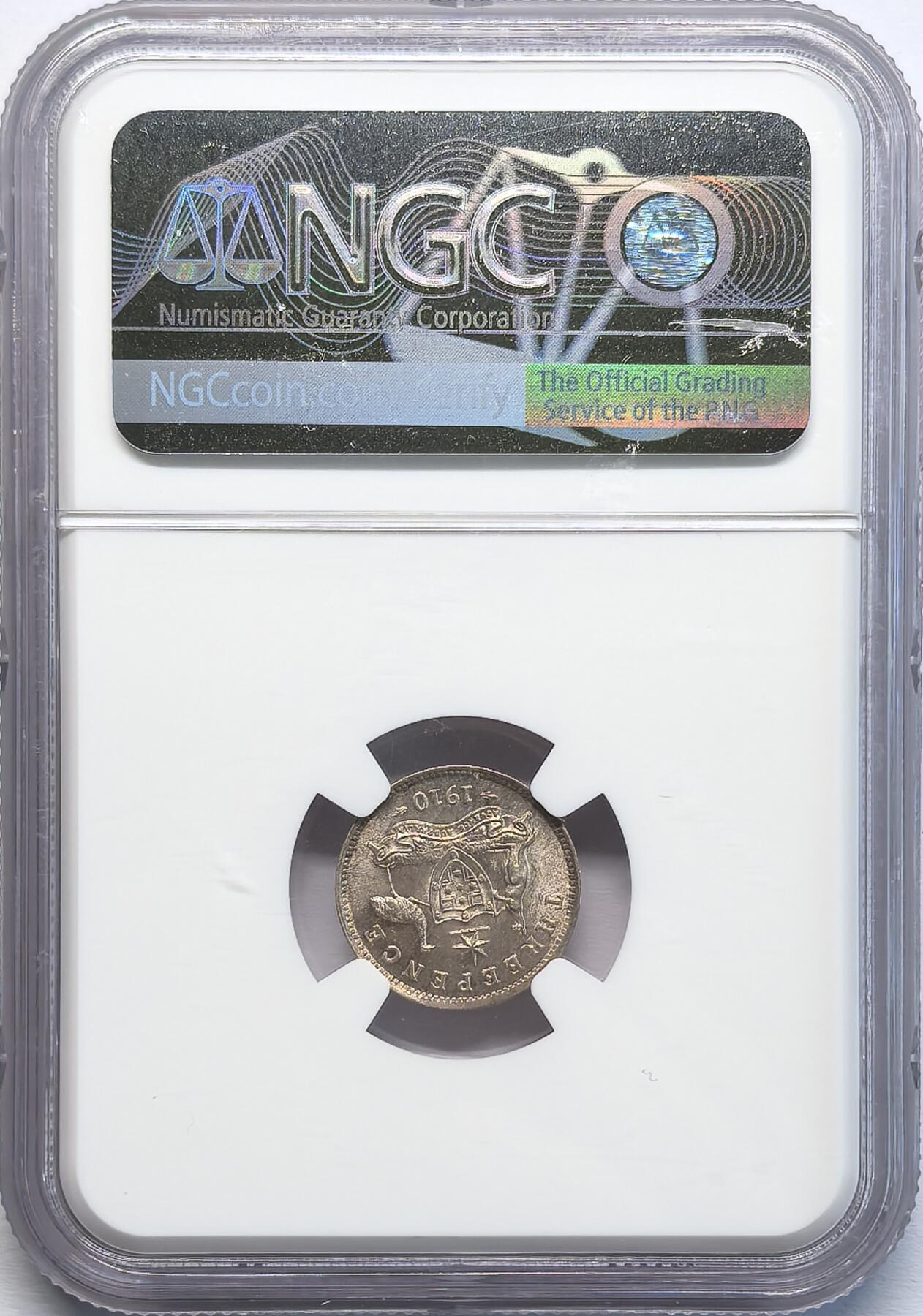 凡希社世界钱币微拍第二百八十期 1910澳大利亚爱七3便士银币NGC-MS64，难得好状态！