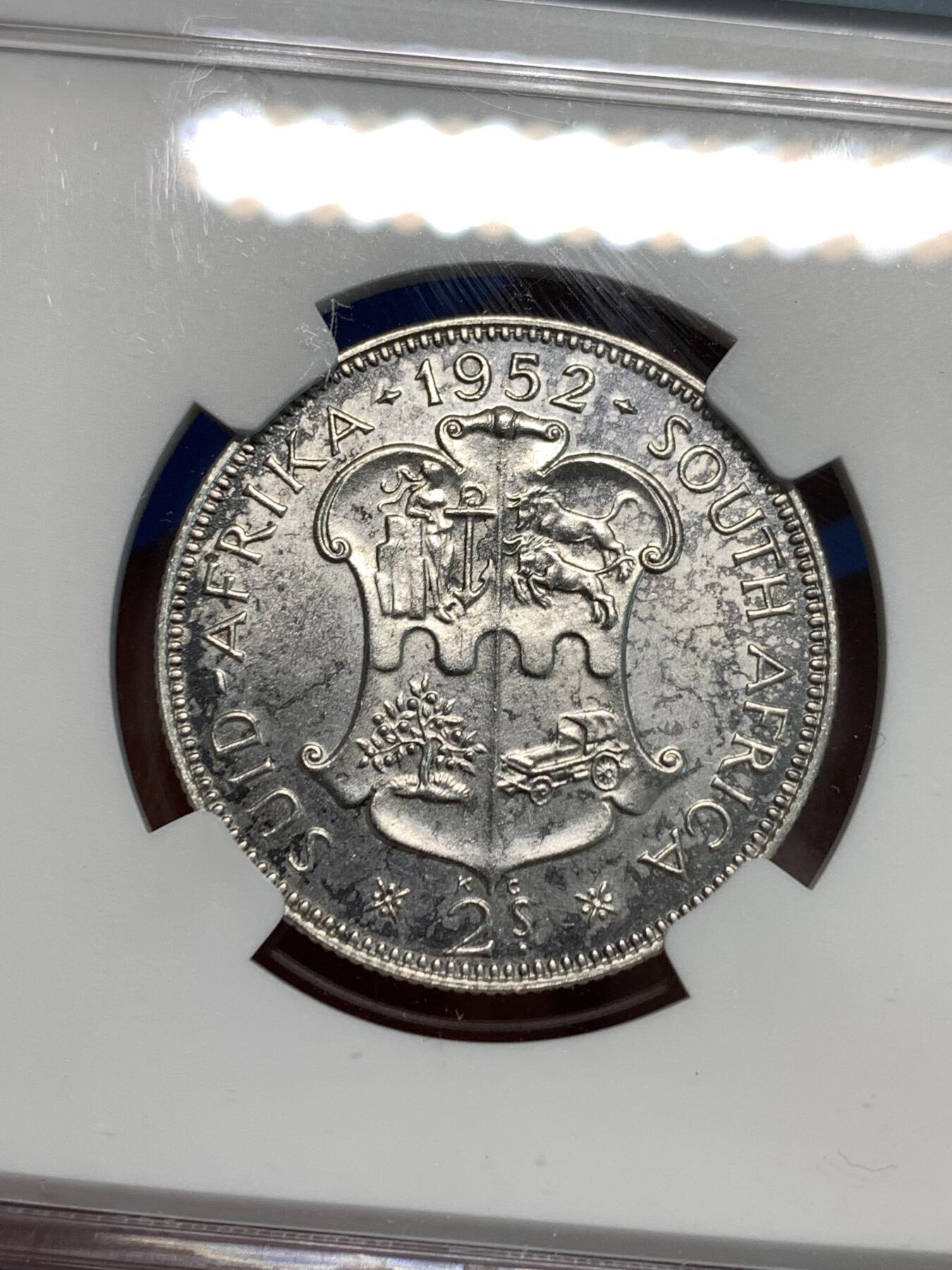 《竞宝斋》第296场- 周日，周一  2场连拍 （全场包邮） NGC UNC 南非1952年乔治六世2先令银币