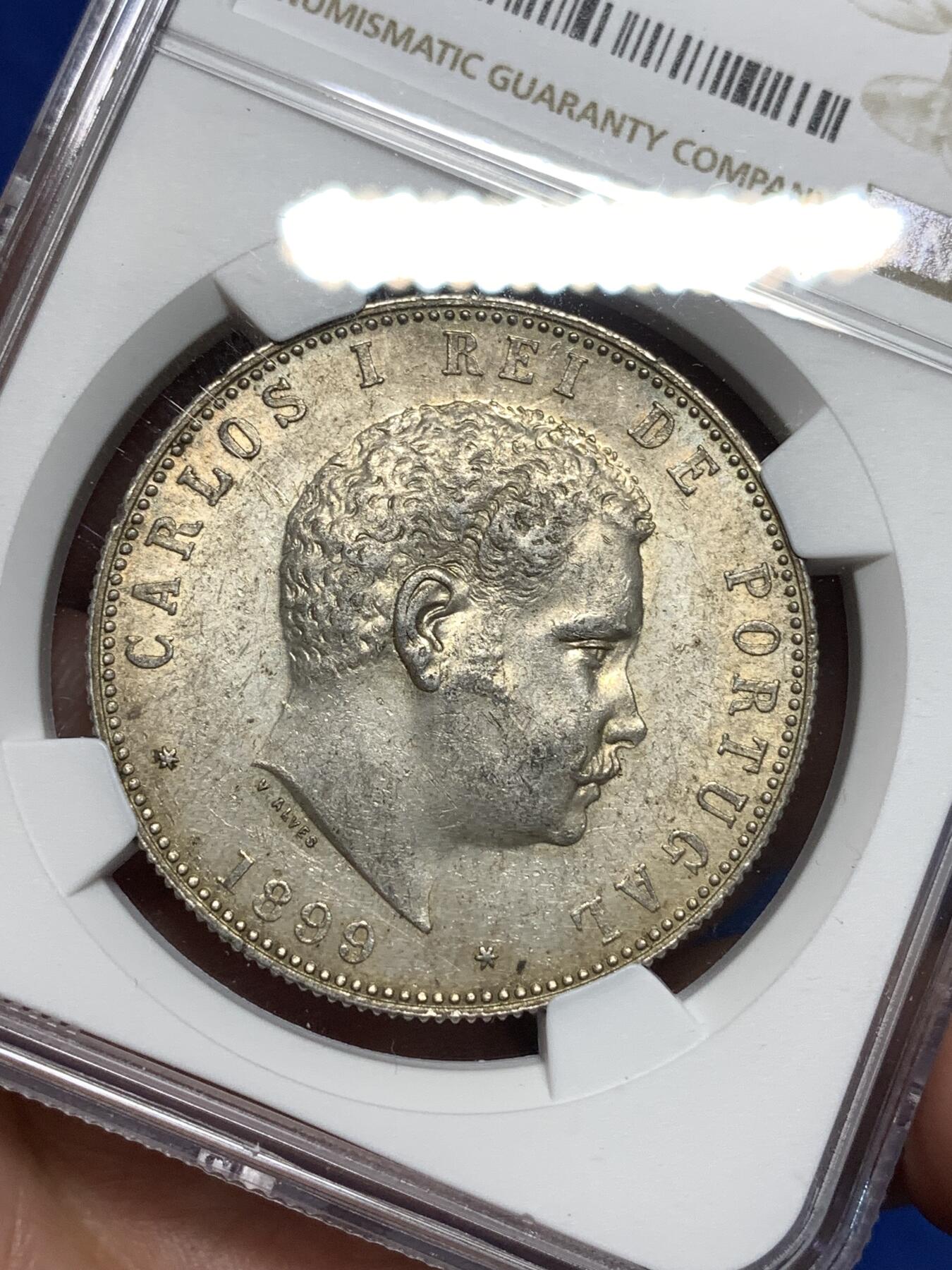 《竞宝斋》第296场- 周日，周一  2场连拍 （全场包邮） NGC AU58 葡萄牙1899年卡洛斯一世头像1000瑞斯大银币