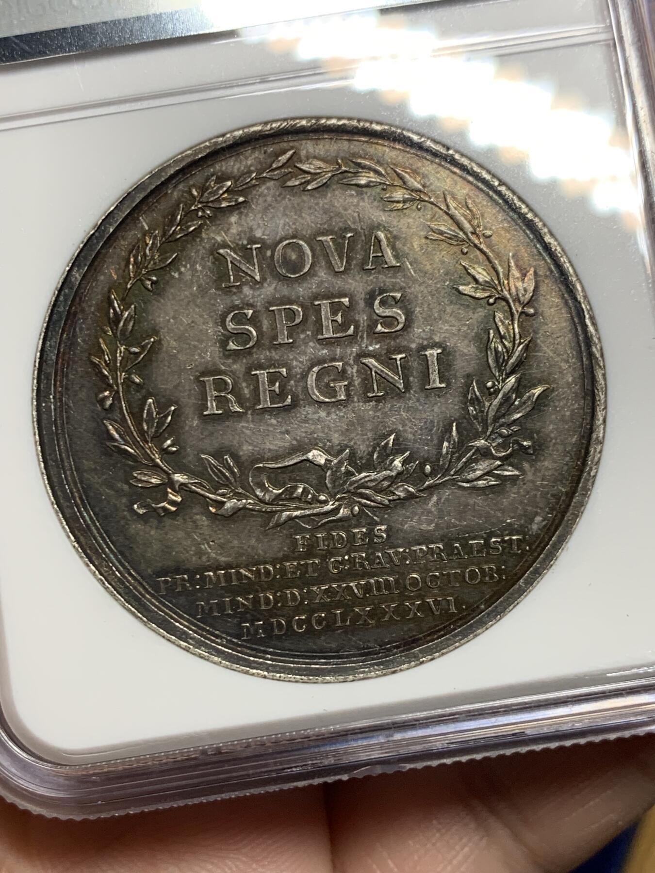 《竞宝斋》第296场- 周日，周一  2场连拍 （全场包邮） NGC MS60 德国 1786 普鲁士 威廉二世 致敬勃兰登堡 纪念大银章 稀见品种