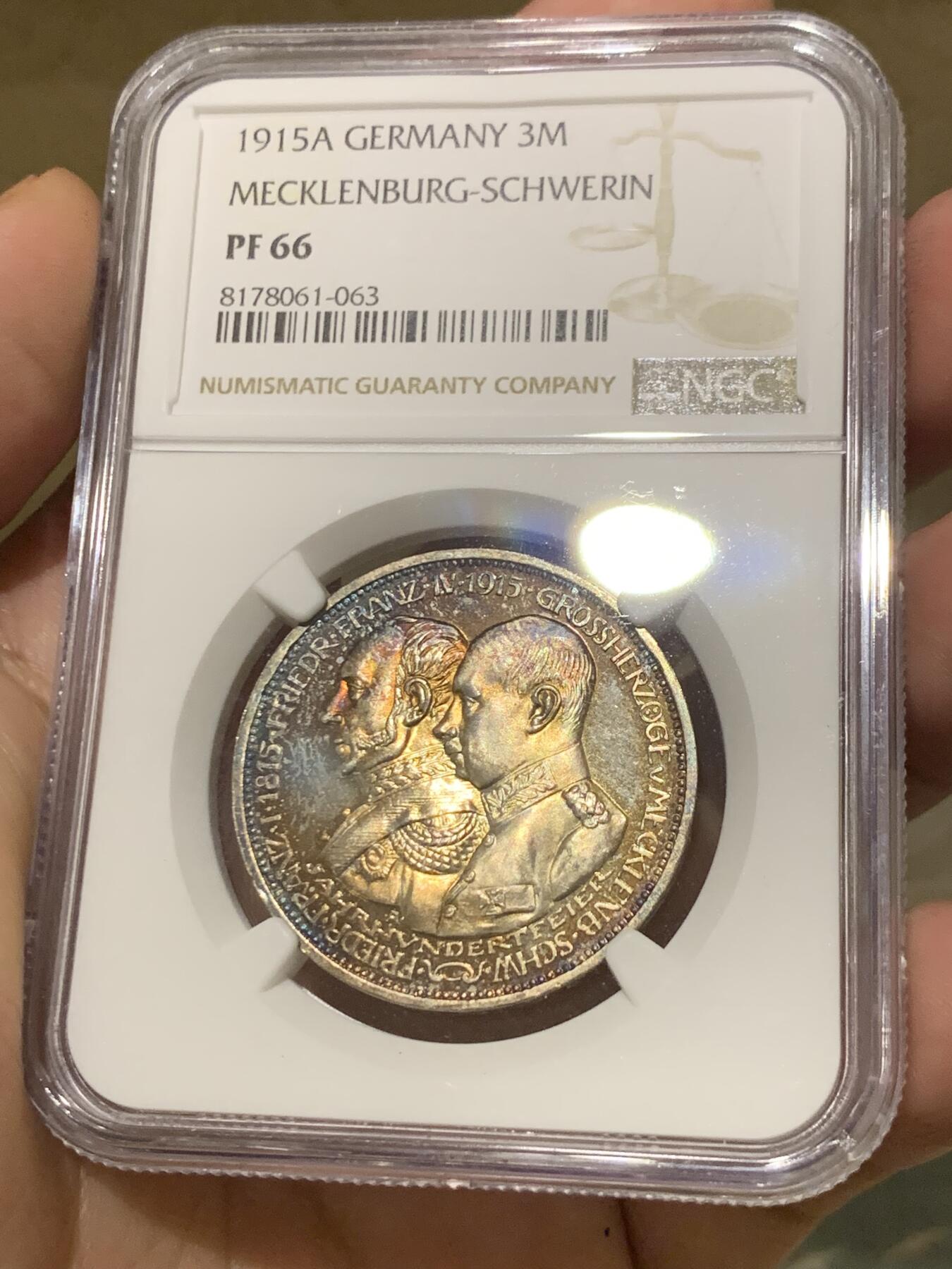 《竞宝斋》第296场- 周日，周一  2场连拍 （全场包邮） NGC PF66 德国梅克伦堡-什末林大公国 1915年精制币3马克 高端马克品种