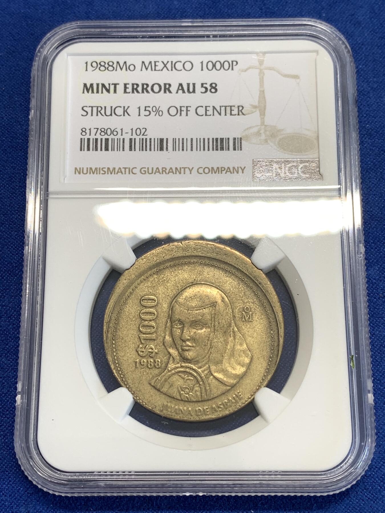 《竞宝斋》第296场- 周日，周一  2场连拍 （全场包邮） NGC MINT ERROR AU58 墨西哥1988年1000比索铜币