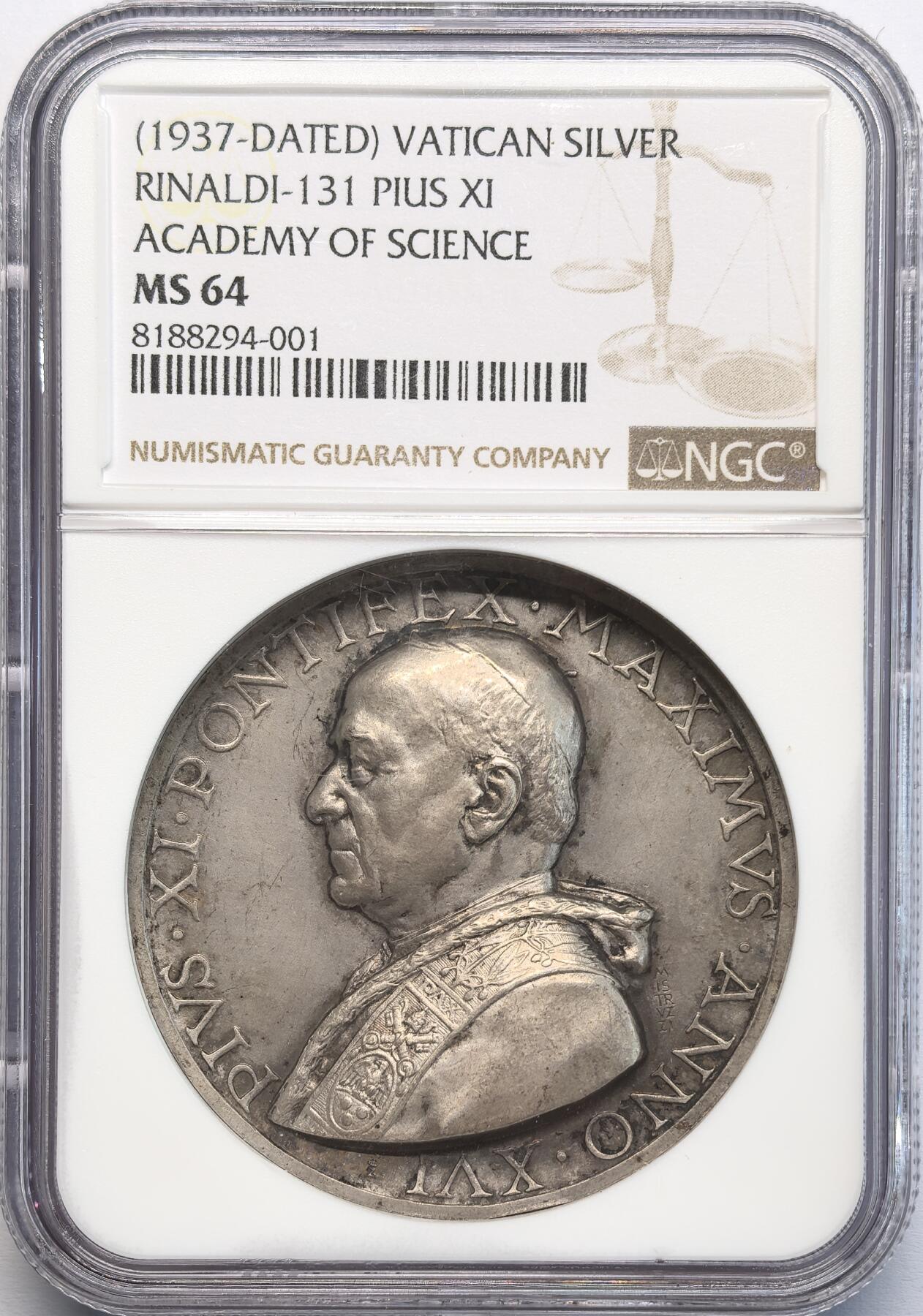 凡希社世界钱币微拍第二百八十期 1937梵蒂冈教宗庇护十一世科学院纪念银章NGC-MS64