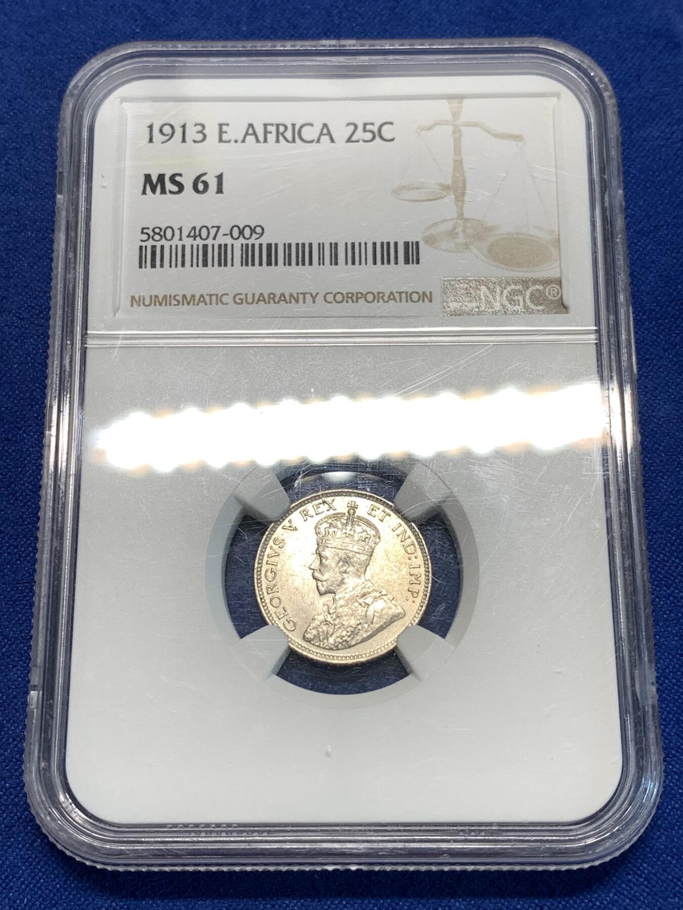 《竞宝斋》第296场- 周日，周一  2场连拍 （全场包邮） NGC MS61 东非保护地1913年25分