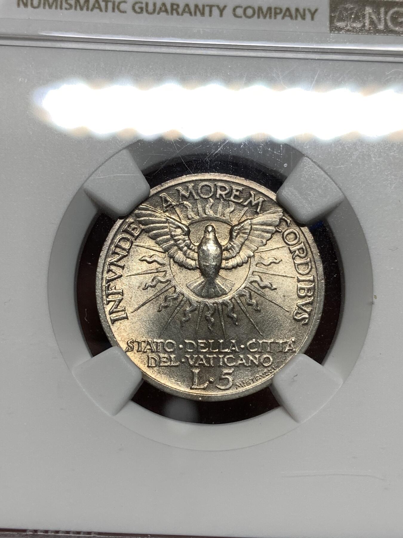 《竞宝斋》第296场- 周日，周一  2场连拍 （全场包邮） NGC UNC 梵蒂冈1939年缺位5里拉银币