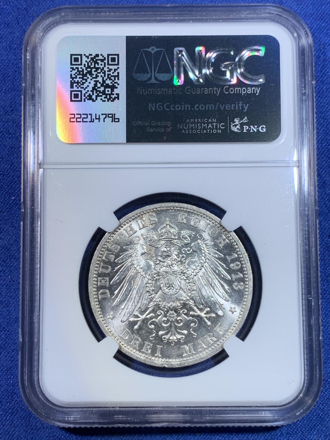 《竞宝斋》第296场- 周日，周一  2场连拍 （全场包邮） NGC MS62 德国1913年威廉二世戎装版3马克