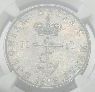 凡希社世界钱币微拍第二百八十期 - 荐！1822/1英国殖民地锚币1/2元NGC-UNCD，中灰包浆，细节完美，有分没分可能也只在一念之间。英国为各殖民地发行的一套通用货币，规格以墨西哥银元的1/2、1/4、1/8和1/16为标准，其他三种小面值相对常见，唯独1/2，不管哪种品相都稀有，这枚如果在纸袋里放置一段时日，极大概率会有分，去年一枚P63得价5280美金。