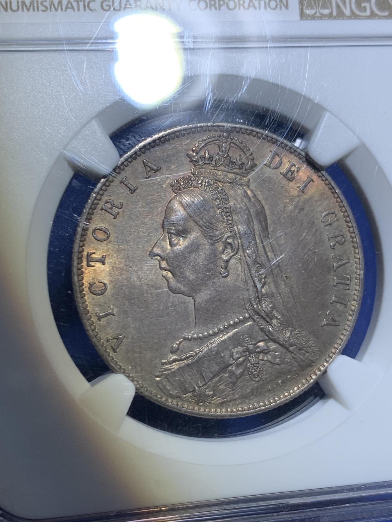 《竞宝斋》第296场- 周日，周一  2场连拍 （全场包邮） NGC MS63 英国 1889年 半克朗 维多利亚 银币 原味包浆