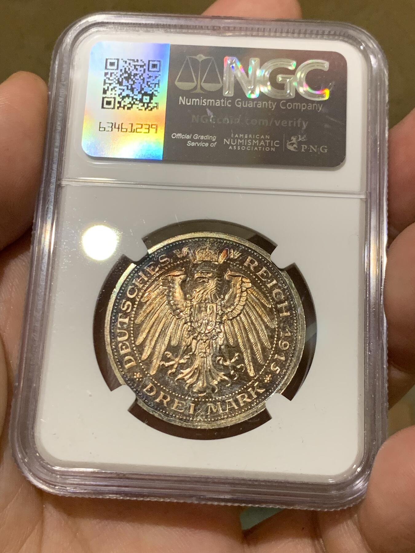 《竞宝斋》第296场- 周日，周一  2场连拍 （全场包邮） NGC PF66 德国梅克伦堡-什末林大公国 1915年精制币3马克 高端马克品种