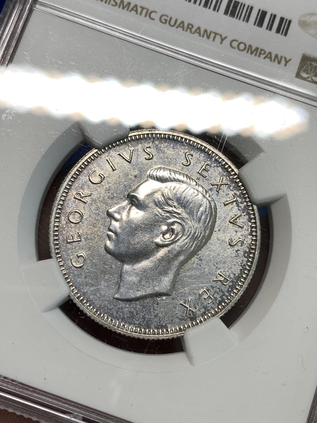 《竞宝斋》第296场- 周日，周一  2场连拍 （全场包邮） NGC UNC 南非1952年乔治六世2先令银币