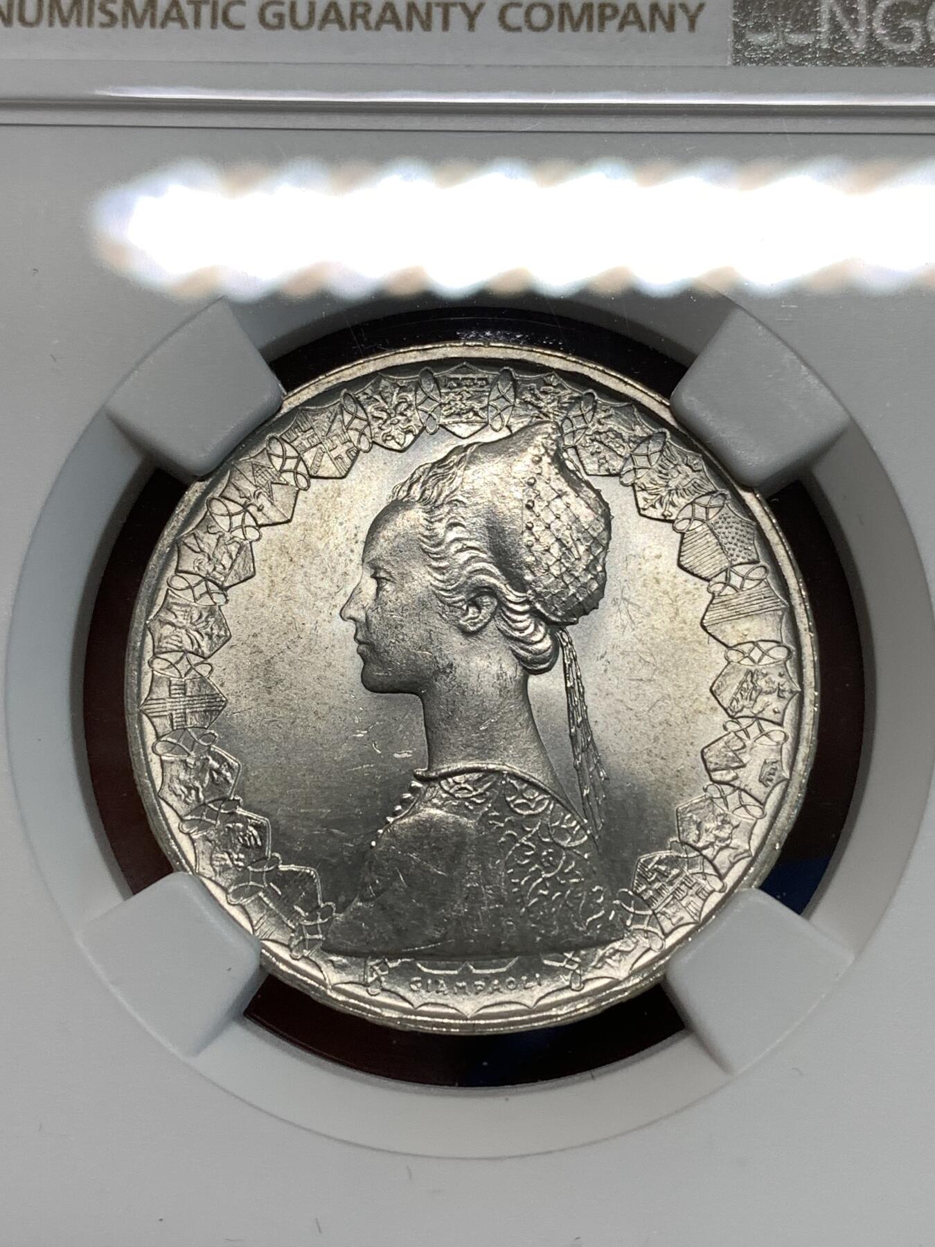 《竞宝斋》第296场- 周日，周一  2场连拍 （全场包邮） NGC MS62 原光意大利1964年帆船女神500里拉银币 设计精美 低评了