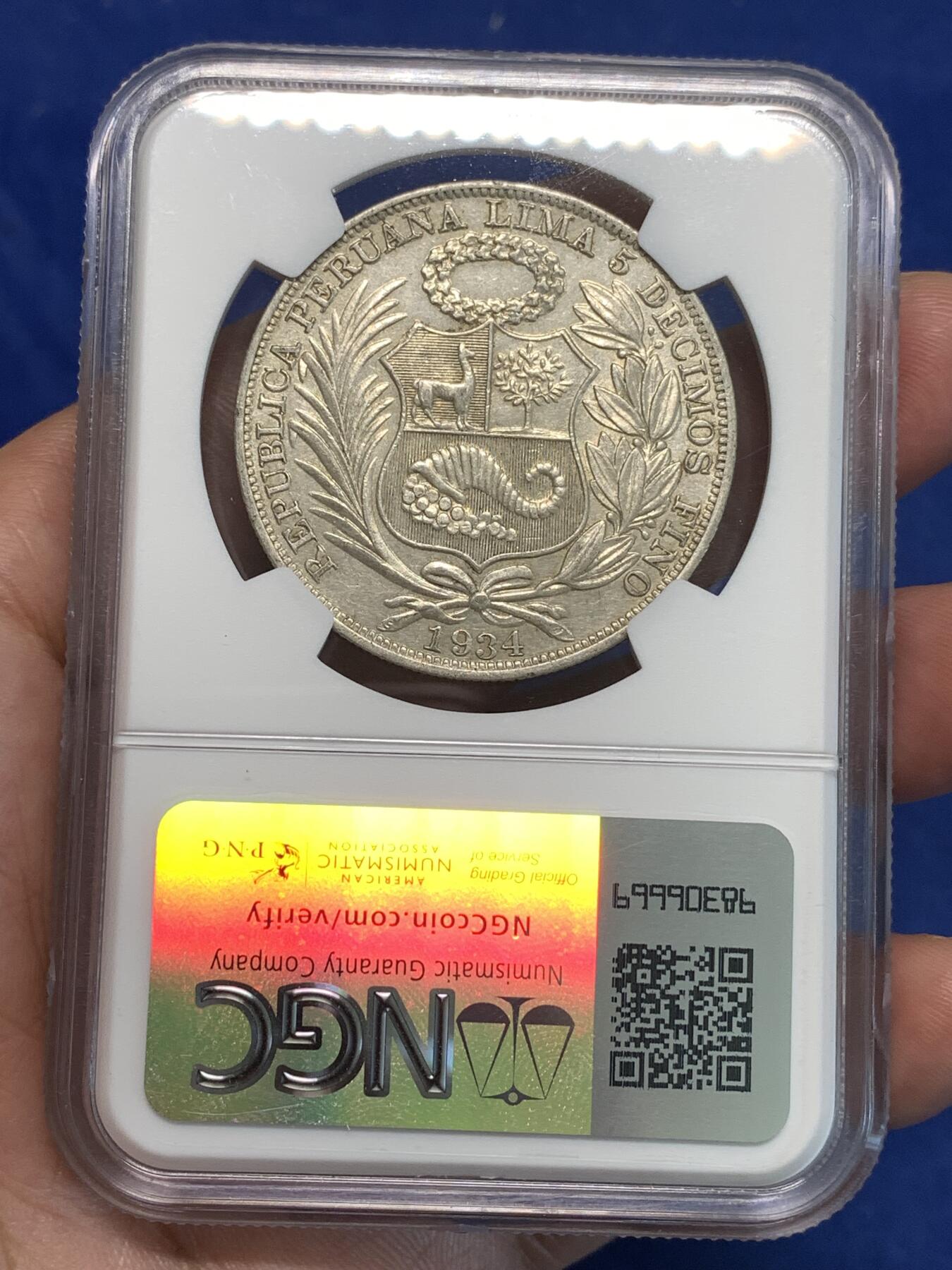 《竞宝斋》第296场- 周日，周一  2场连拍 （全场包邮） NGC AU58 秘鲁1934年女神1索尔大银币