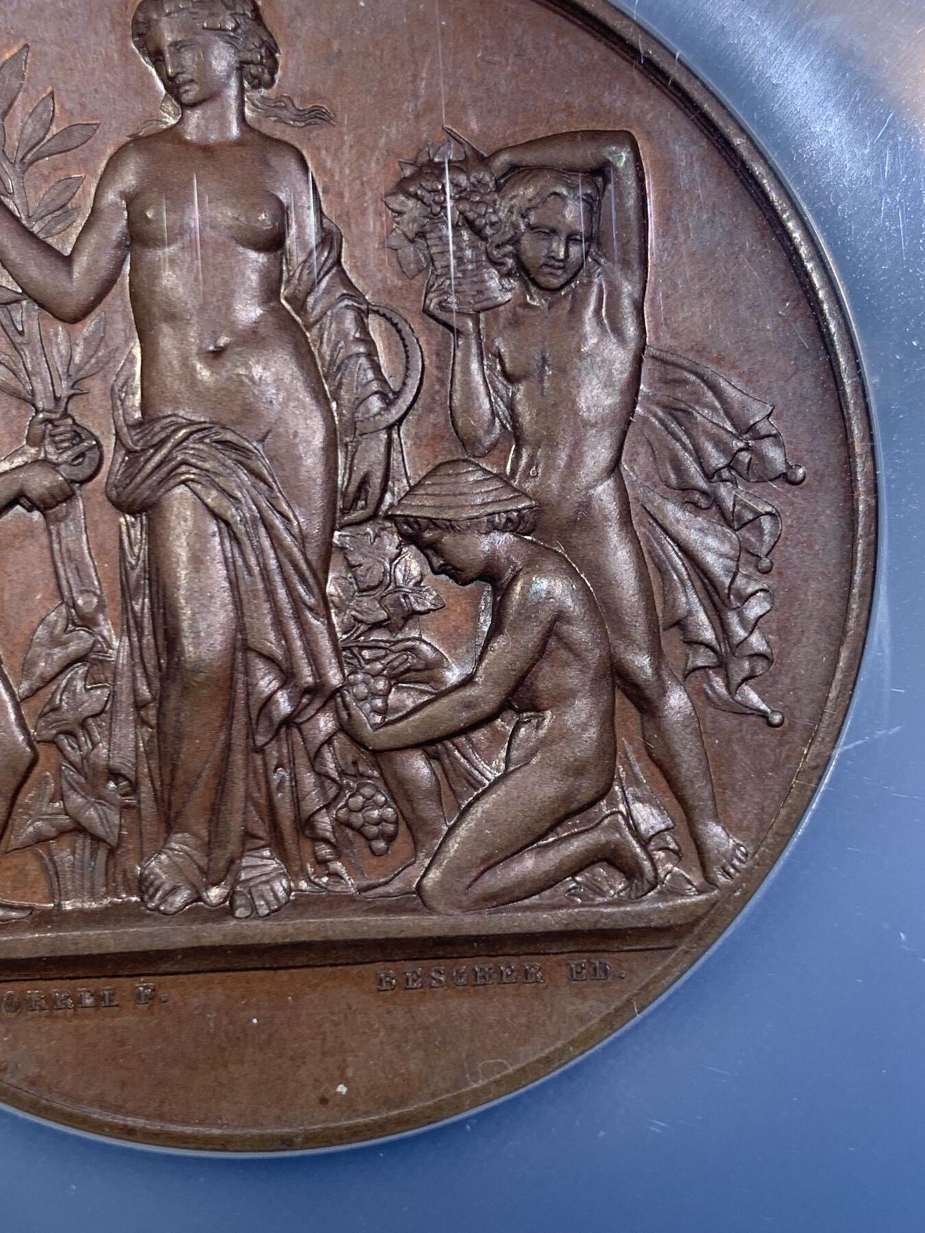 《竞宝斋》第296场- 周日，周一  2场连拍 （全场包邮） NGC MS64BN  法国Loire卢瓦省葡萄种植大铜章 直径50.5mm 大盒封装