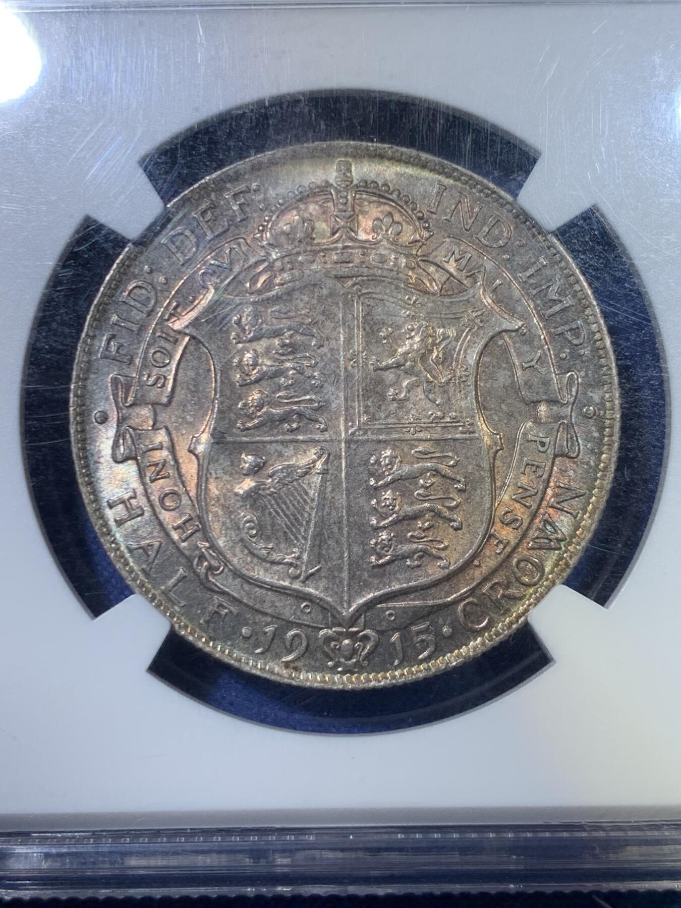 《竞宝斋》第296场- 周日，周一  2场连拍 （全场包邮） NGC MS63 英国1915乔治五世半克朗 原味老包浆 味道很好