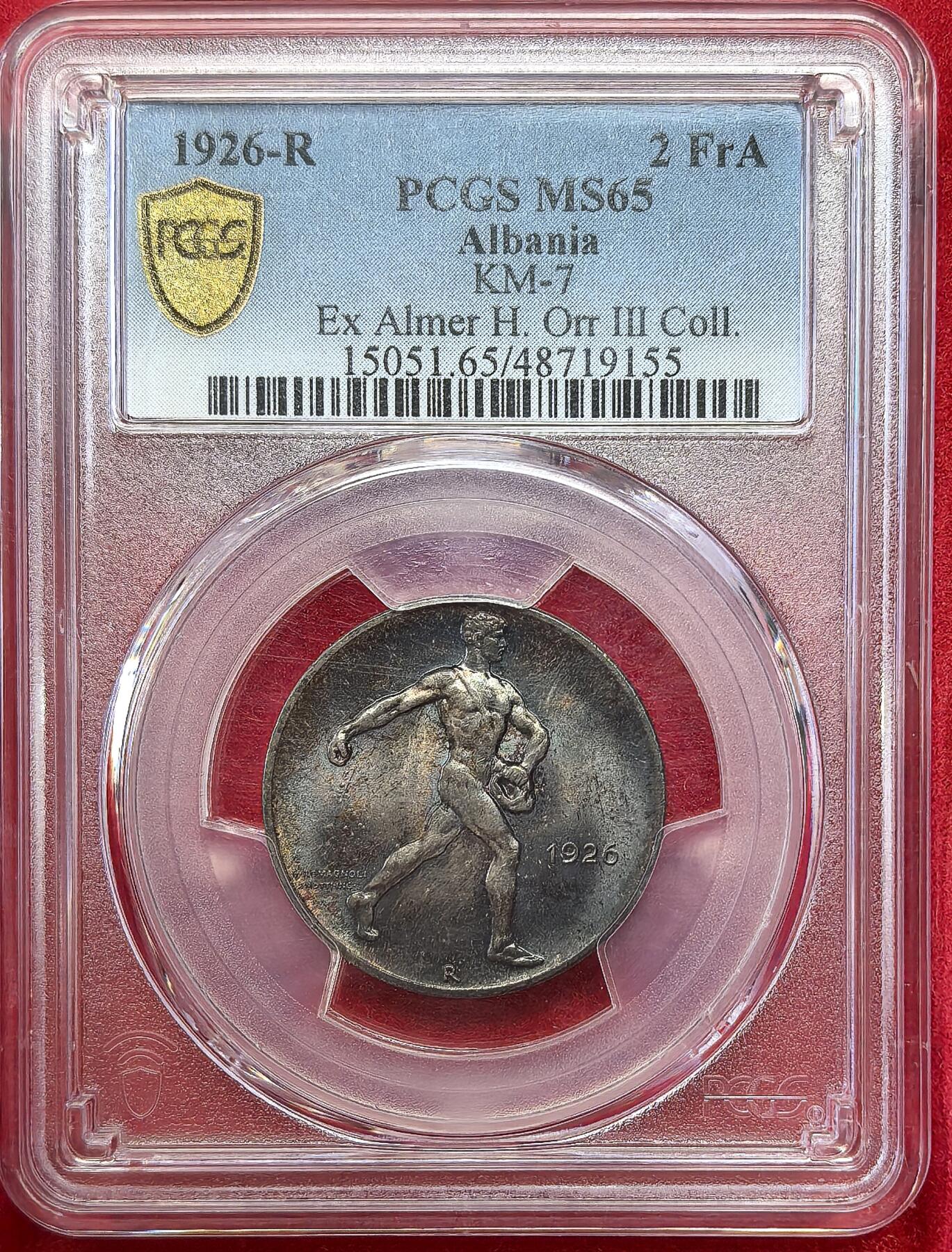 凡希社世界钱币微拍第二百八十期 荐！1926R阿尔巴尼亚播种2法郎PCGS-MS65，名家旧藏，侧光下呈现金色与孔雀蓝光泽，包浆美不胜收，名不虚传的藏家品质！