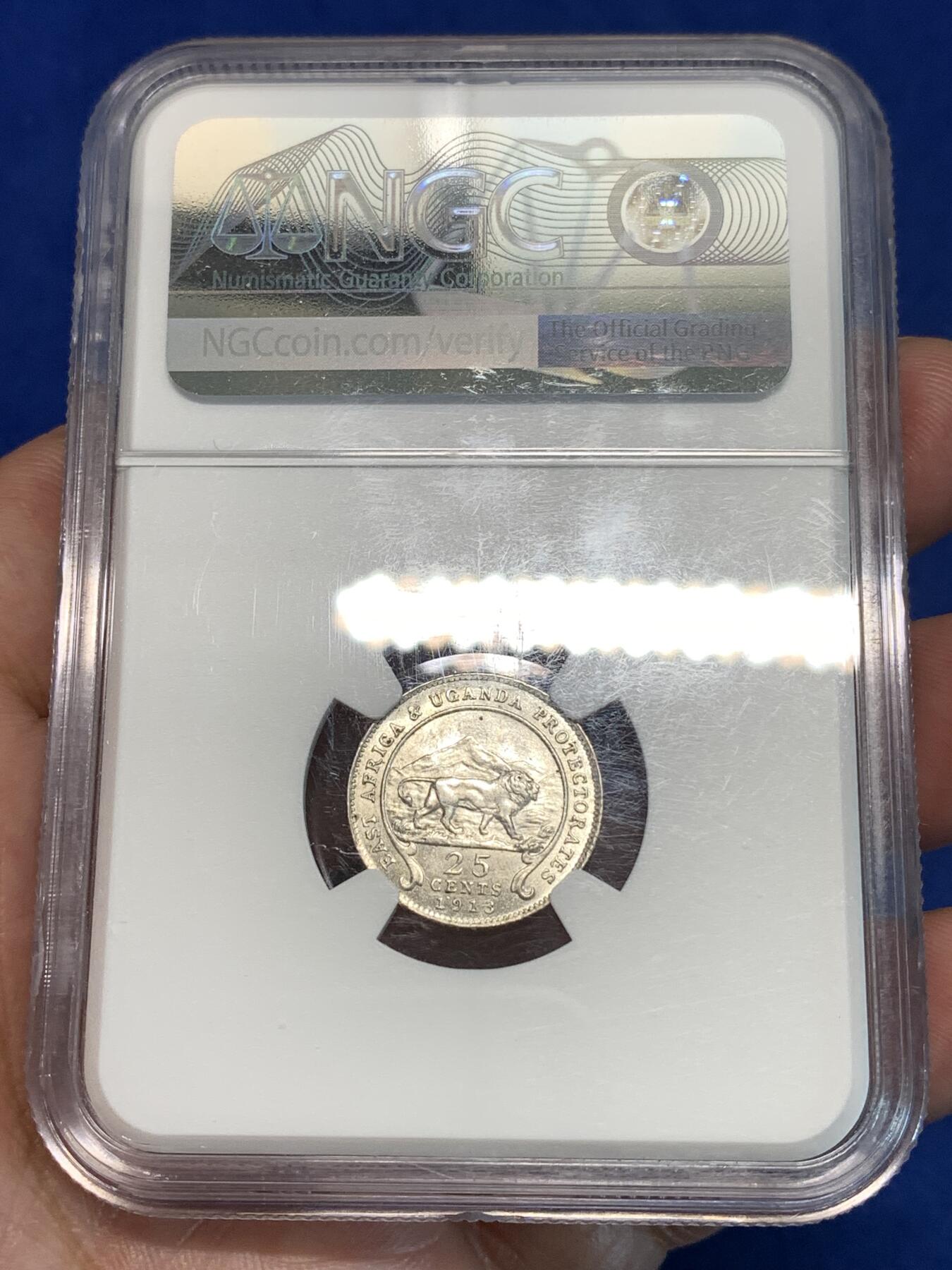 《竞宝斋》第296场- 周日，周一  2场连拍 （全场包邮） NGC MS61 东非保护地1913年25分