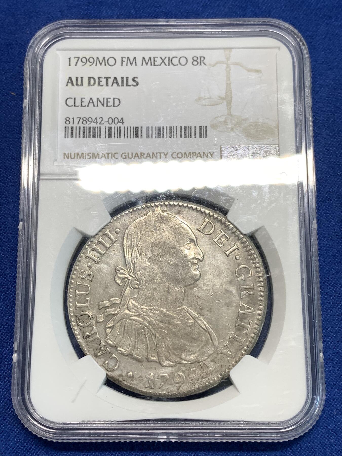 《竞宝斋》第296场- 周日，周一  2场连拍 （全场包邮） NGC AUD 1799年早期墨西哥卡四双柱 无戳好品