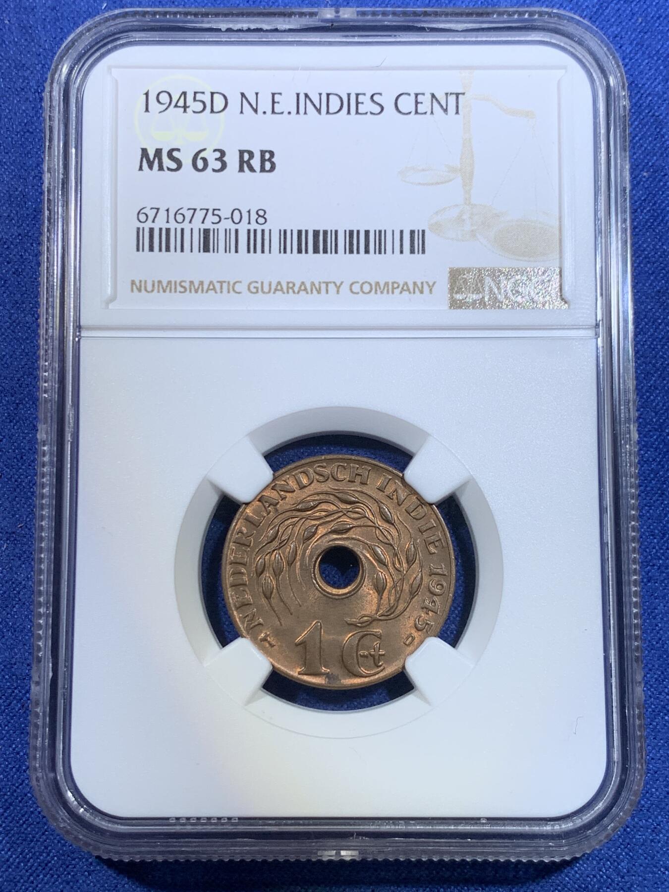 《竞宝斋》第296场- 周日，周一  2场连拍 （全场包邮） NGC MS63RB 荷属东印度1945D厂1分铜币 bu状态 铜光醇厚