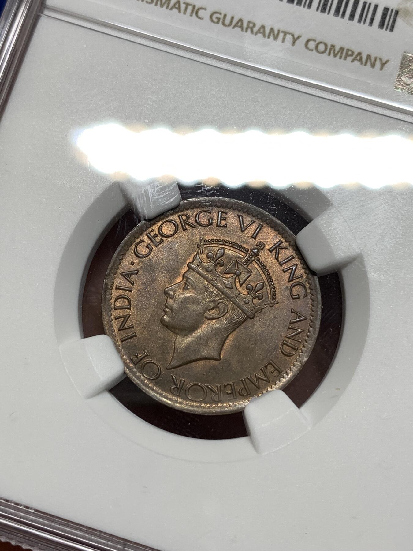 《竞宝斋》第296场- 周日，周一  2场连拍 （全场包邮） NGC MS64BN 锡兰1942年乔治六世1分铜币 胸像前无PM版，少见版别，醇厚包浆