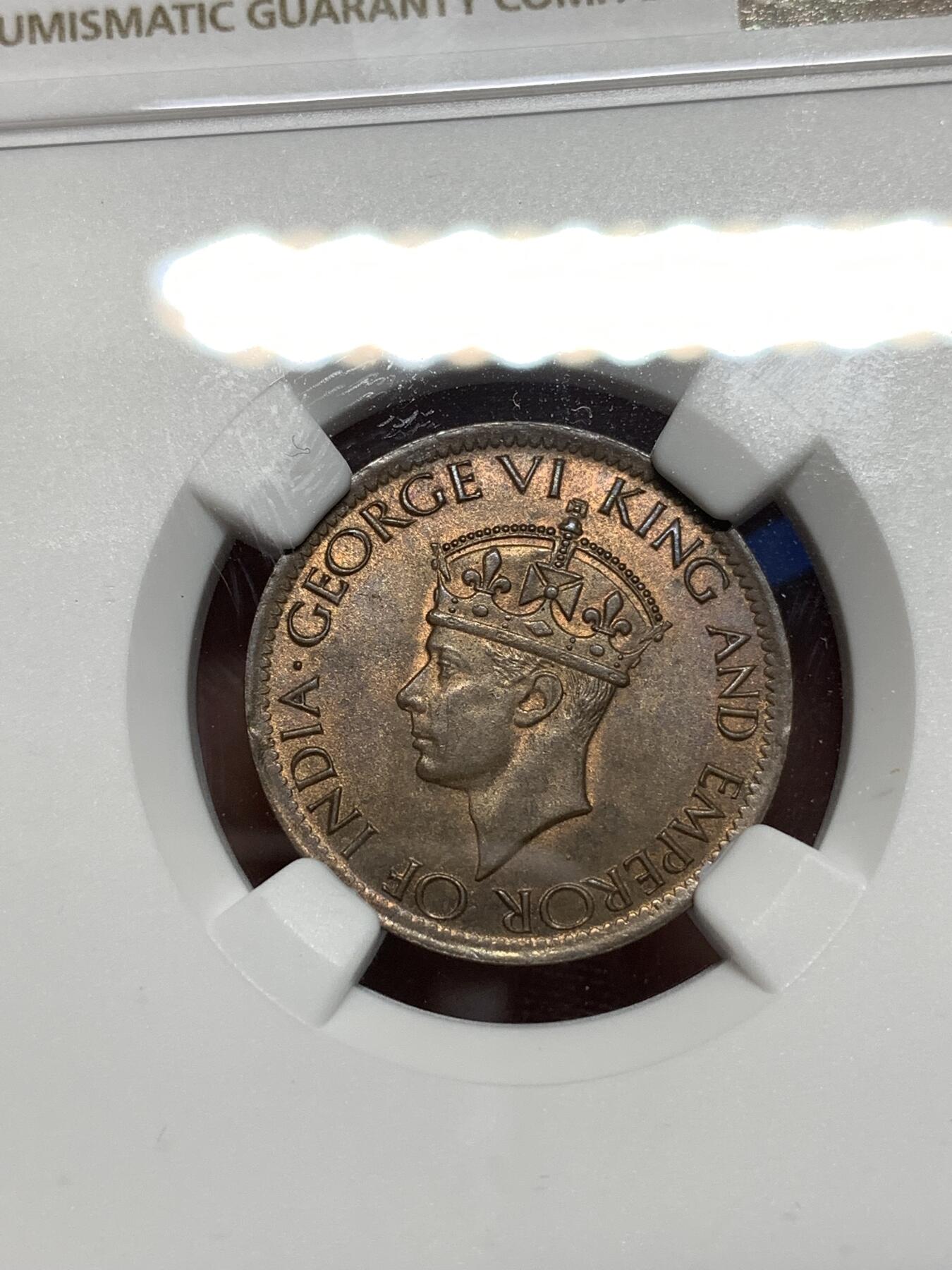 《竞宝斋》第296场- 周日，周一  2场连拍 （全场包邮） NGC MS64BN 锡兰1942年乔治六世1分铜币 胸像前无PM版，少见版别，醇厚包浆