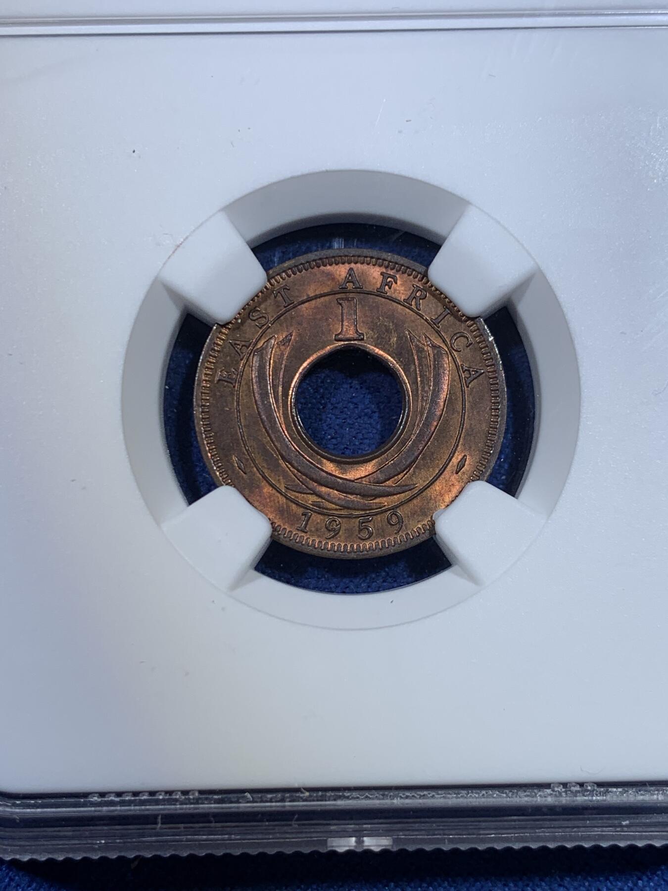 《竞宝斋》第296场- 周日，周一  2场连拍 （全场包邮） NGC MS64RB 英属东非1959年KN厂1分铜币 透光巧克力包浆