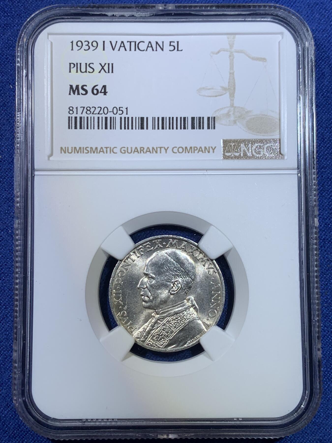 《竞宝斋》第296场- 周日，周一  2场连拍 （全场包邮） NGC MS64 梵蒂冈1939年5里拉划船银币